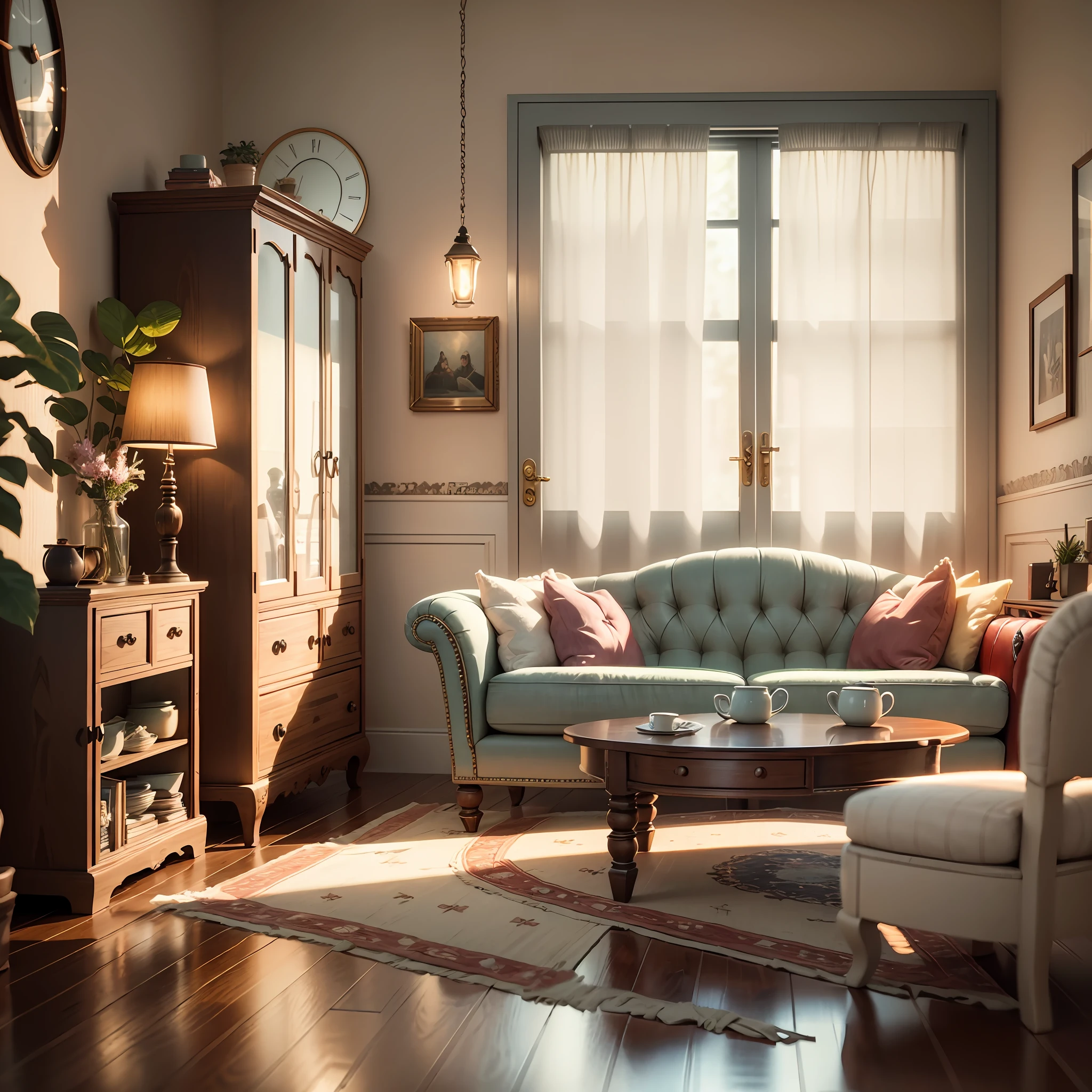3d render of a vintage, cozy interior lighting, artstation, ultra detailed, cinematic, daz, hyper realistic, octane, A realistic dollhouse living room with furniture and window at night. Artwork table decoration with handmade realistic dollhouse, 3DMDT1 --auto --s2