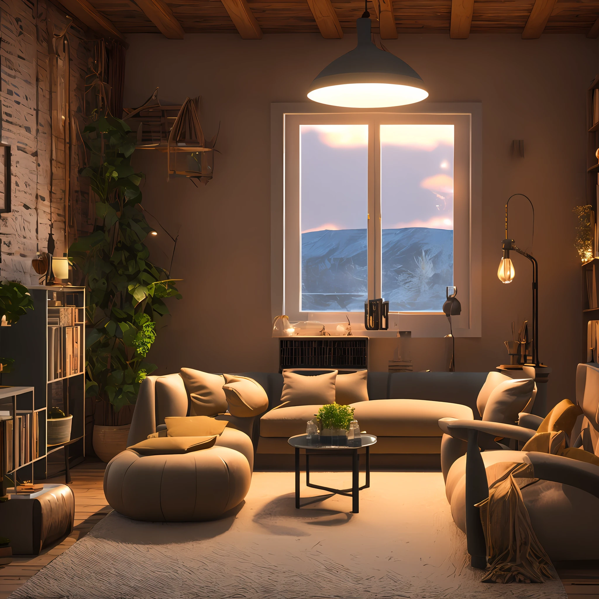 3d render of a vintage, cozy interior lighting, artstation, ultra detailed, cinematic, daz, hyper realistic, octane, A realistic dollhouse living room with furniture and window at night. Artwork table decoration with handmade realistic dollhouse, 3DMDT1