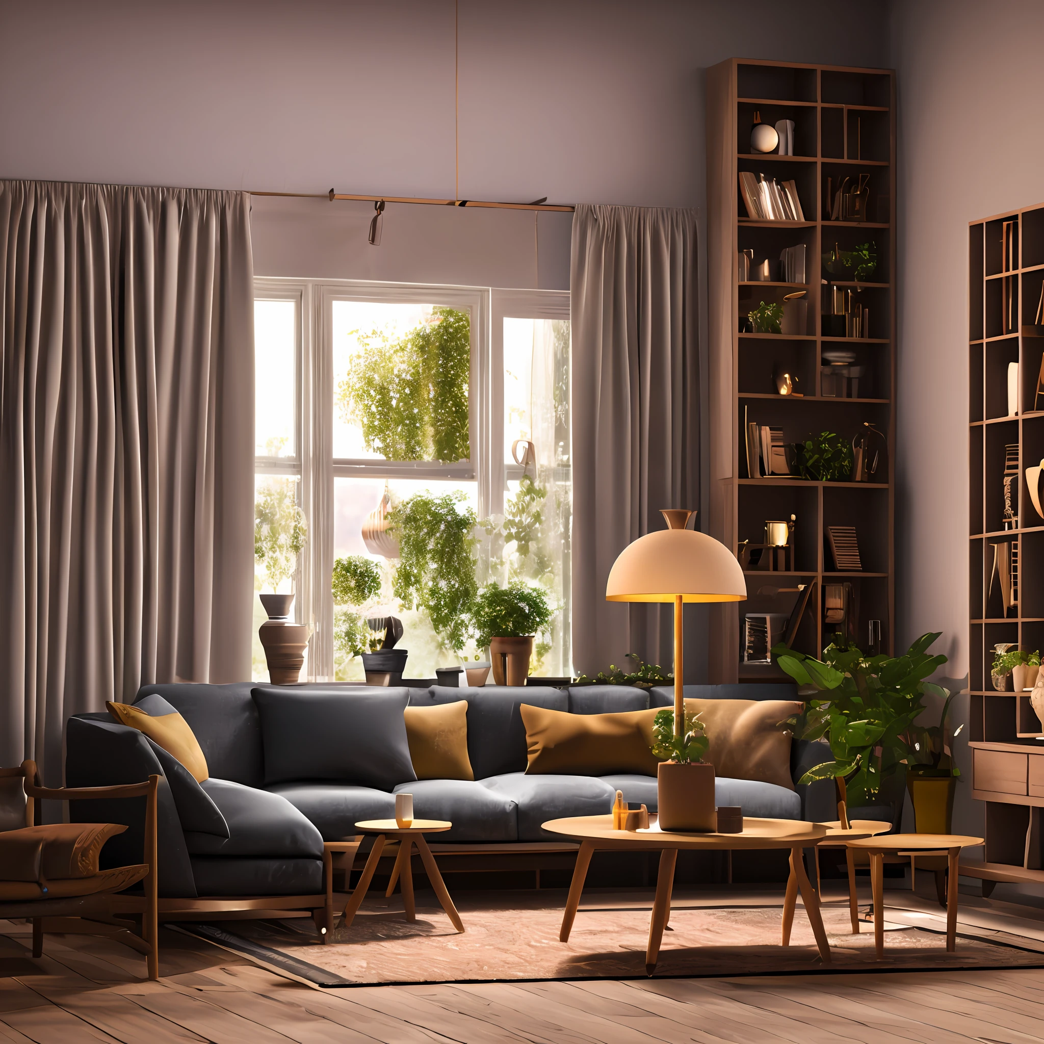 3d render of a vintage, cozy interior lighting, artstation, ultra detailed, cinematic, daz, hyper realistic, octane, A realistic dollhouse living room with furniture and window at night. Artwork table decoration with handmade realistic dollhouse, 3DMDT1