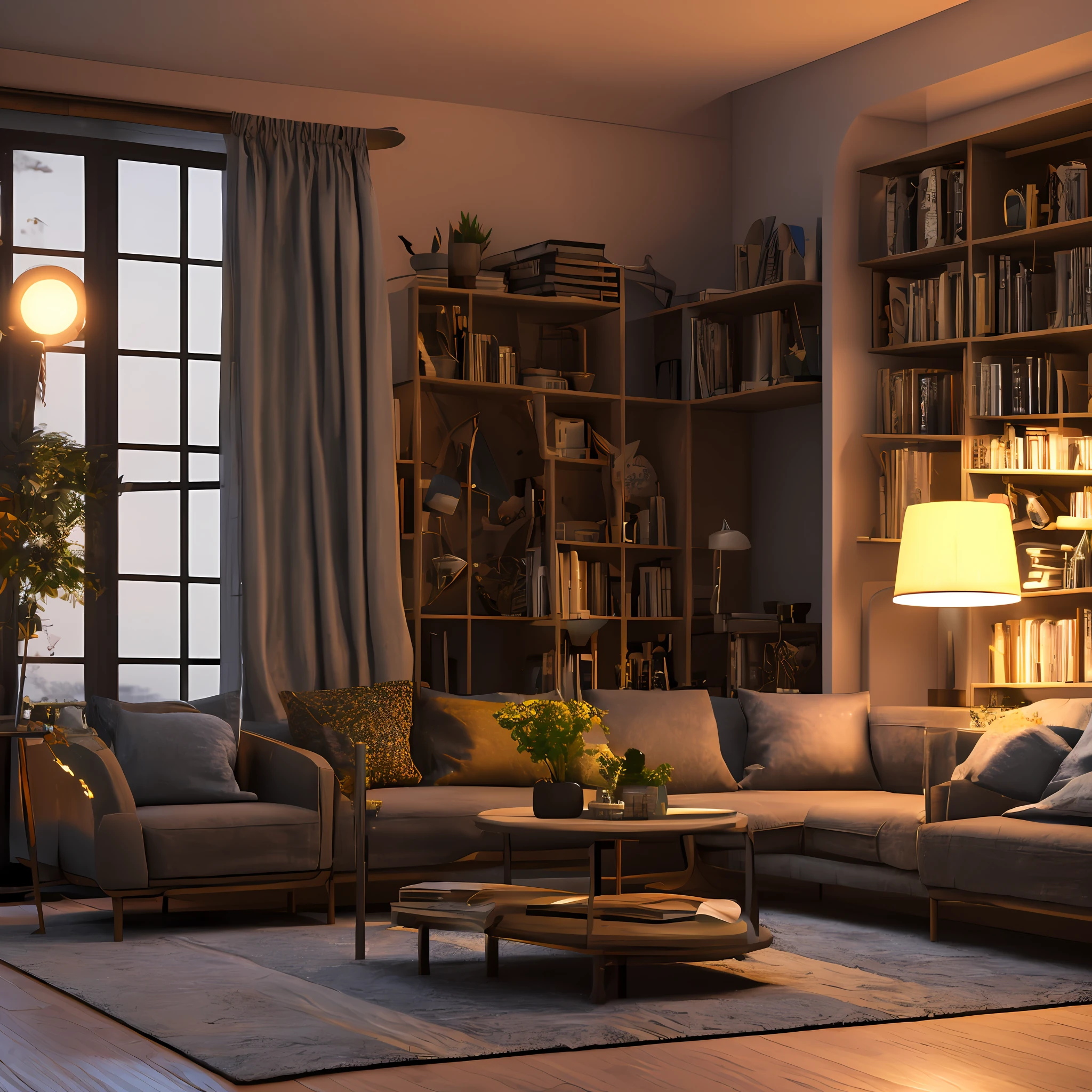 3d render of a vintage, cozy interior lighting, artstation, ultra detailed, cinematic, daz, hyper realistic, octane, A realistic dollhouse living room with furniture and window at night. Artwork table decoration with handmade realistic dollhouse, 3DMDT1