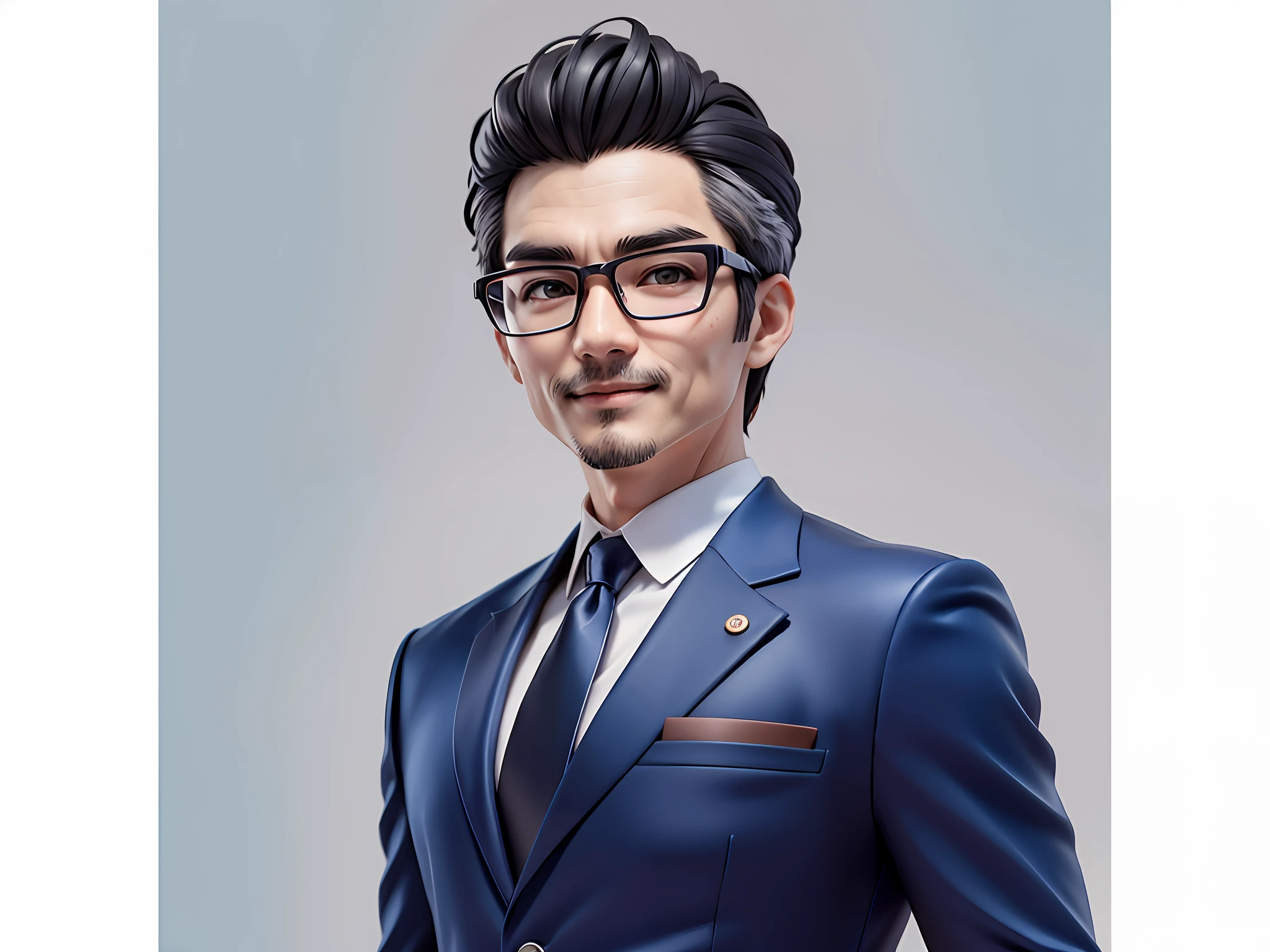Taiwanese middle-aged uncle male portrait, extremely detailed face, black hair, (super short hair) middle-aged handsome uncle, Taiwanese man, silver glasses, slightly chubby face, very clean face, black super short hair, black eyes, black suit, blue tie, confident smile, digital painting, film, character design of Mark Laedon and Pixar and Hayao Miyazaki, the illustration is a 4K resolution HD illustration with very detailed facial features and cartoon-style visuals.