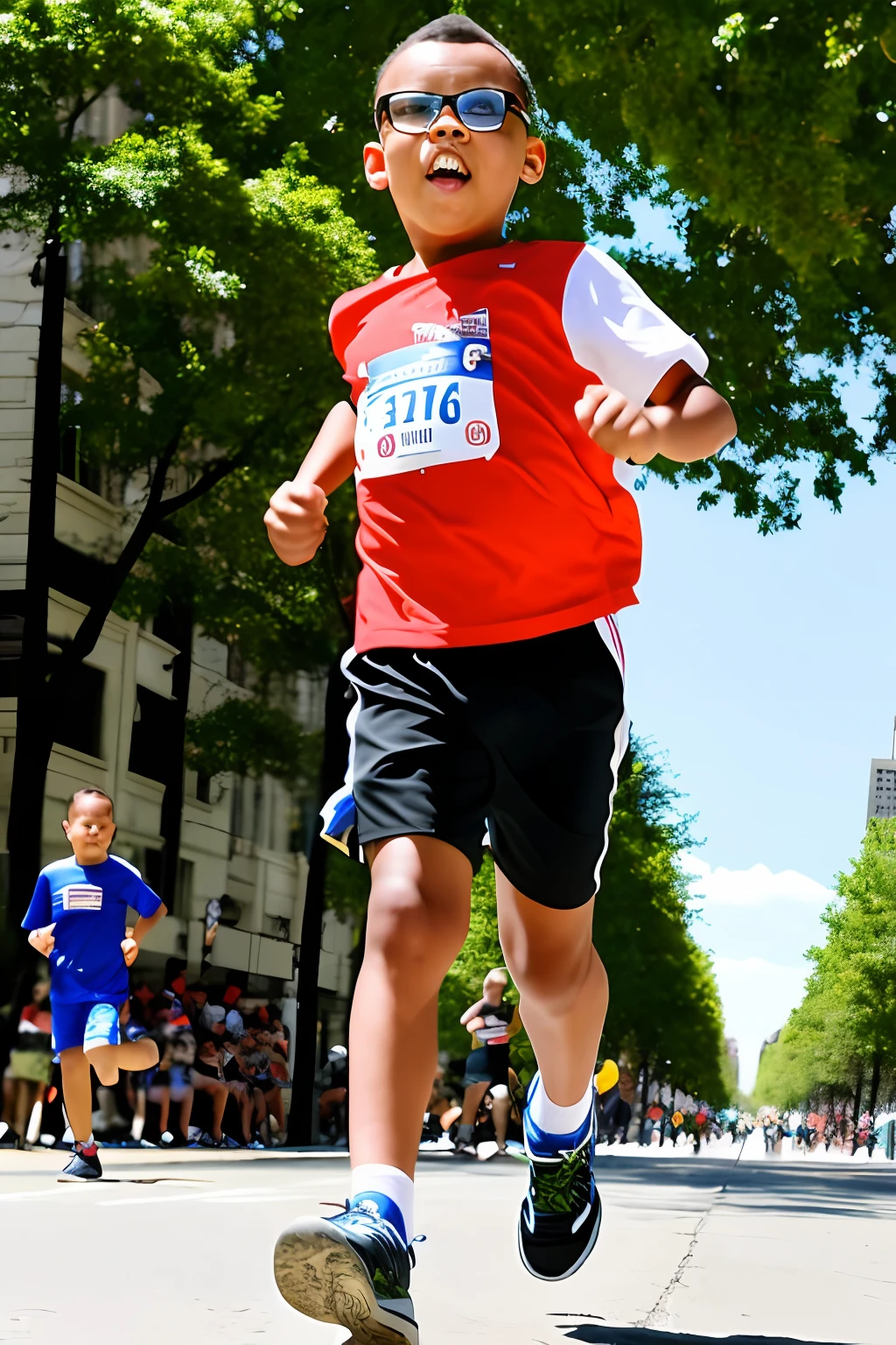 guttonerdvision4, a DEN3 boy wearing glasses, hyper realistic, hyper detailed, wearing running clothes, running in a street race marathon with several fans on the sidewalk, arriving at the finish line, snapping the ribbon, victorious with his arms up. The scene takes place on an avenue with buildings and trees surrounded by people on the sidewalk during the race. Ultra detailed and realistic scene. Focus on the boy, peofundidade of field to give more realism to the scene.