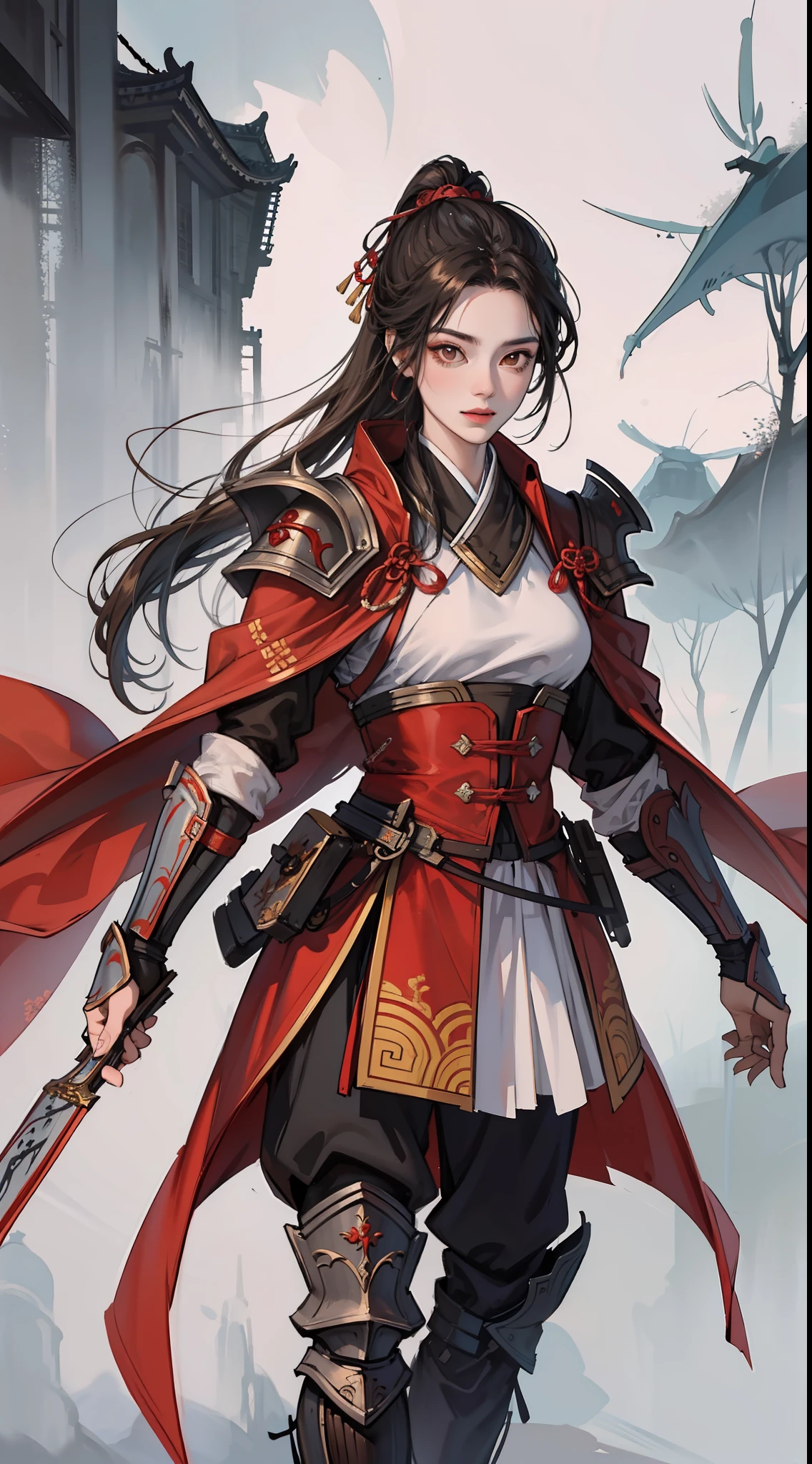 chinoiserie，The background is the ancient Chinese battlefield，An ancient Chinese female general、Holding a matching sword in his hand、Red robes、ARMOUR、A full body，Clear facial features，grim expression，Amazing facial features，Yellow sand is flying in the sky，Fleeing crowds，firelight，Game model，C4D， OCrenderer， edge light，The light is delicate，masterpieces，hyperdetailed，epic composition，Super HD，Quality，Max Quality，32k