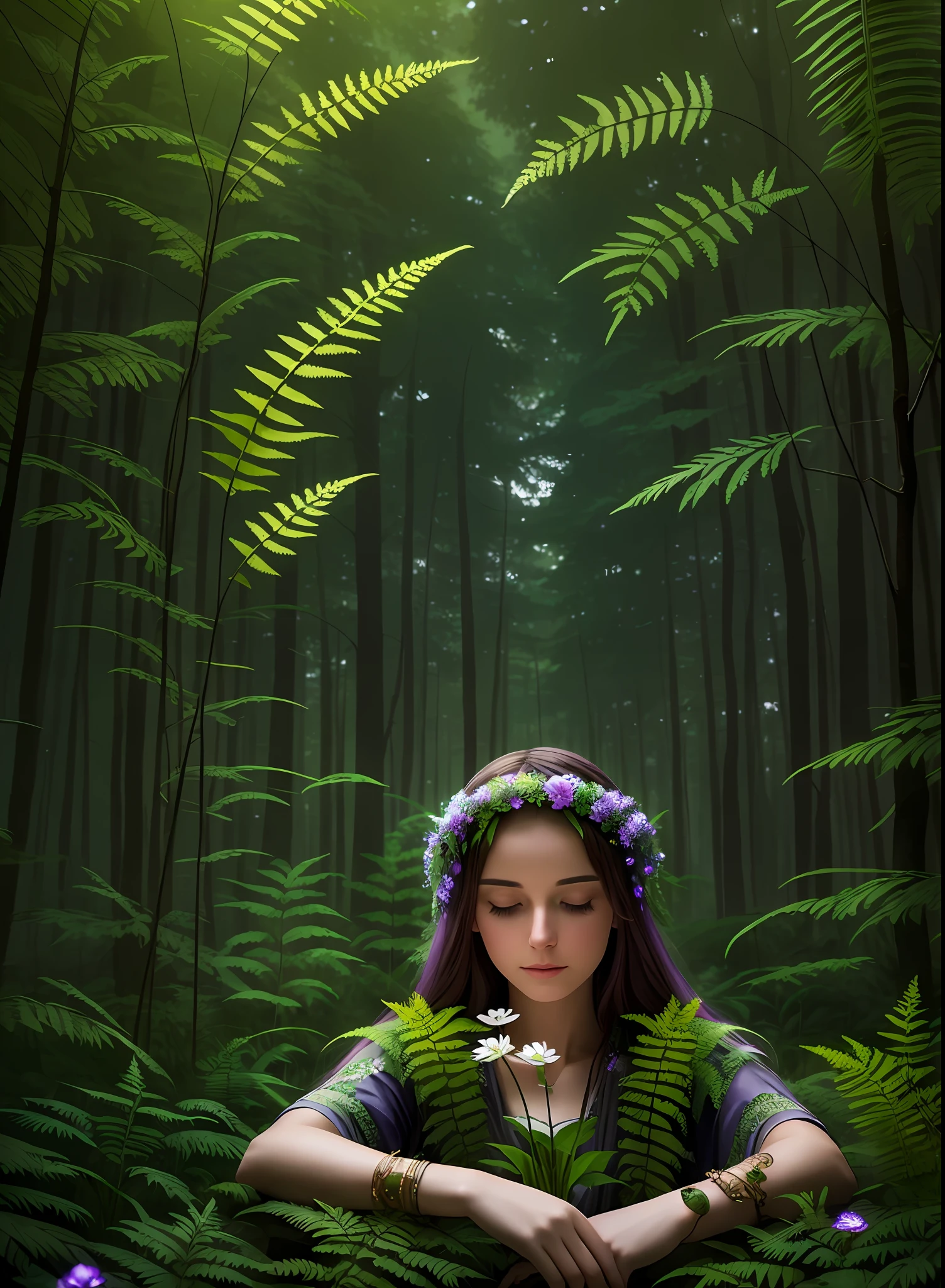 flower, fern, night in the forest, magic lights around the flower, mystical haze, realistic, magical atmosphere, high detail, Slavic fantasy