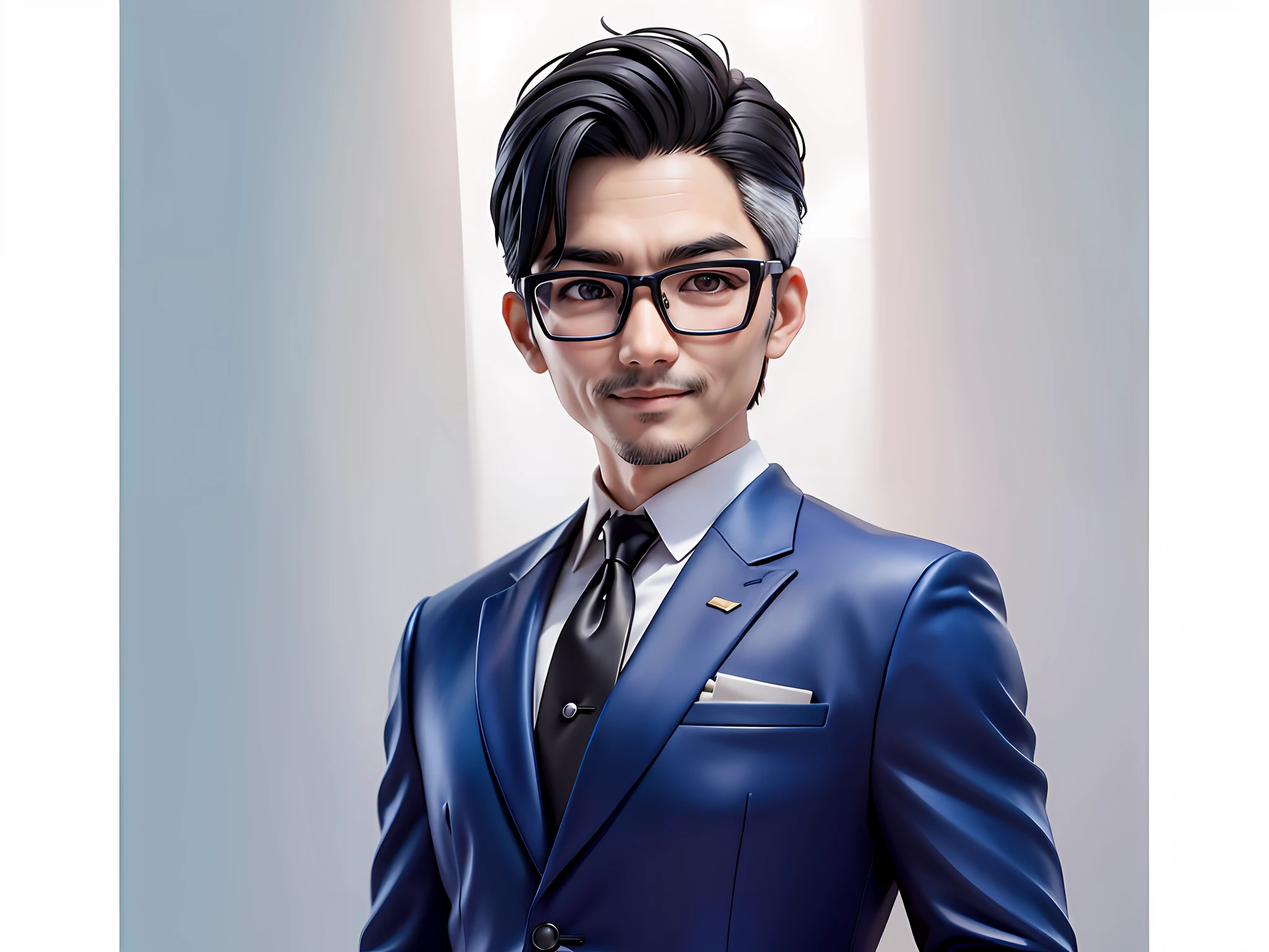 Taiwanese middle-aged uncle male portrait, extremely detailed face, black hair, (super short hair) middle-aged handsome uncle, Taiwanese man, silver glasses, slightly chubby face, very clean face, black super short hair, black eyes, black suit, blue tie, confident smile, digital painting, film, character design of Mark Laedon and Pixar and Hayao Miyazaki, the illustration is a 4K resolution HD illustration with very detailed facial features and cartoon-style visuals.