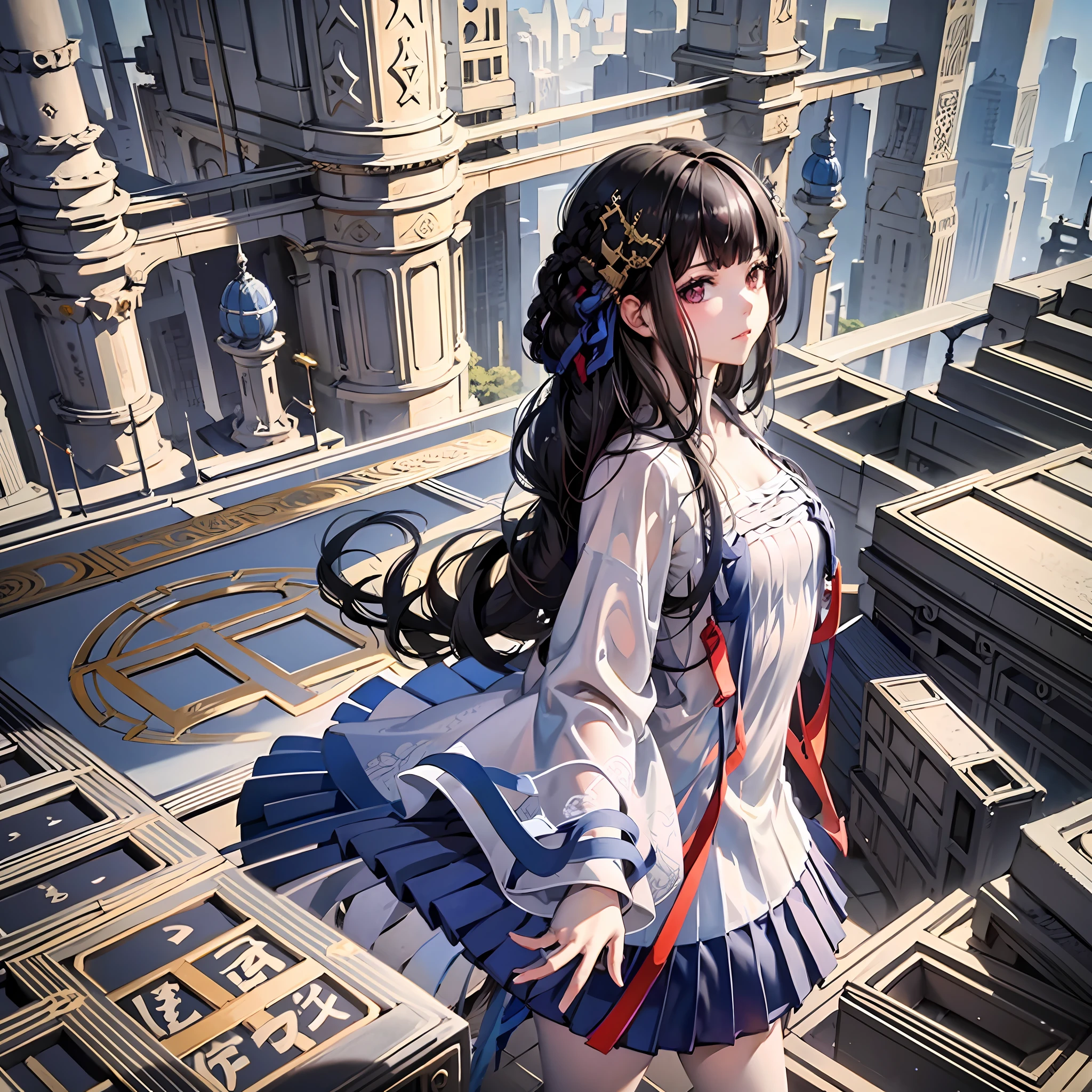 A girl walks on a huge square, the square is printed with huge patterns, black hair, panorama, wide angle, tall, full transparent clothes, mysterious runes, magic century,