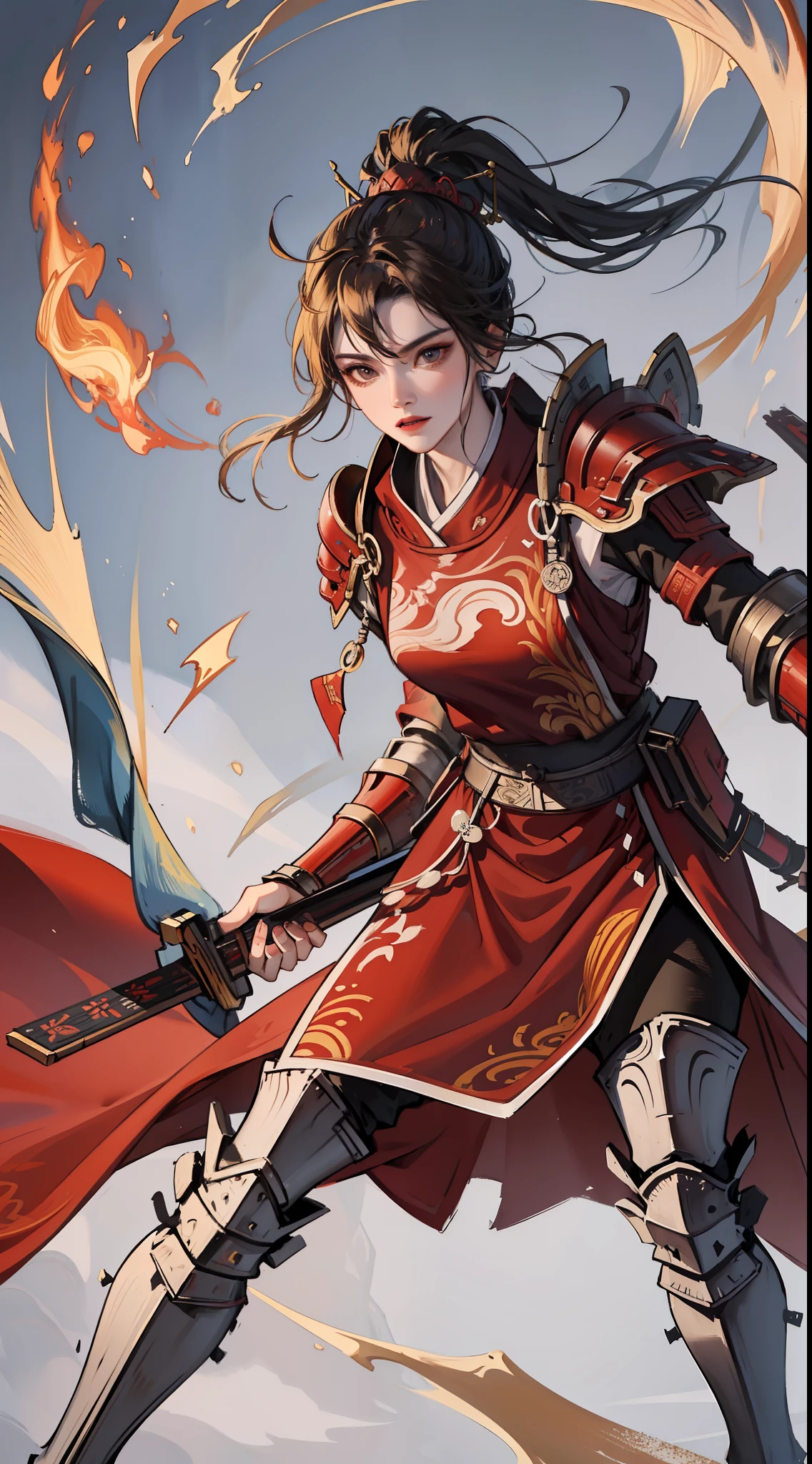 chinoiserie，The background is the ancient Chinese battlefield，An ancient Chinese female general、Holding a matching sword in his hand、Red robes、ARMOUR、A full body，Clear facial features，grim expression，Amazing facial features，Yellow sand is flying in the sky，Fleeing crowds，firelight，Game model，C4D， OCrenderer， edge light，The light is delicate，masterpieces，hyperdetailed，epic composition，Super HD，Quality，Max Quality，32k