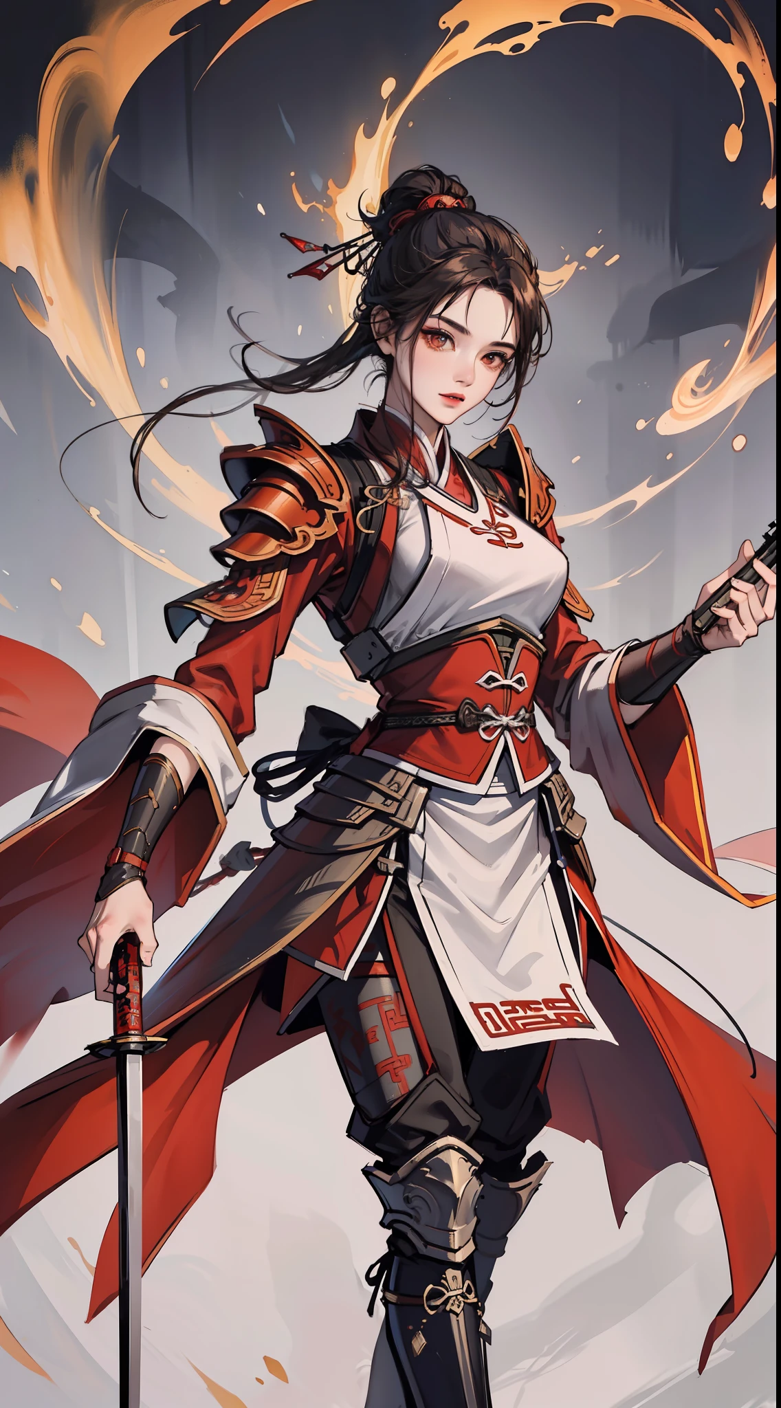 chinoiserie,The background is the ancient Chinese battlefield,An ancient Chinese female general、Holding a matching sword in his hand、Red robes、ARMOUR、A full body,Clear facial features,grim expression,Amazing facial features,Yellow sand is flying in the sky,Fleeing crowds,firelight,Game model,C4D, OCrenderer, edge light,The light is delicate,masterpieces,hyperdetailed,epic composition,Super HD,Quality,Max Quality,32k