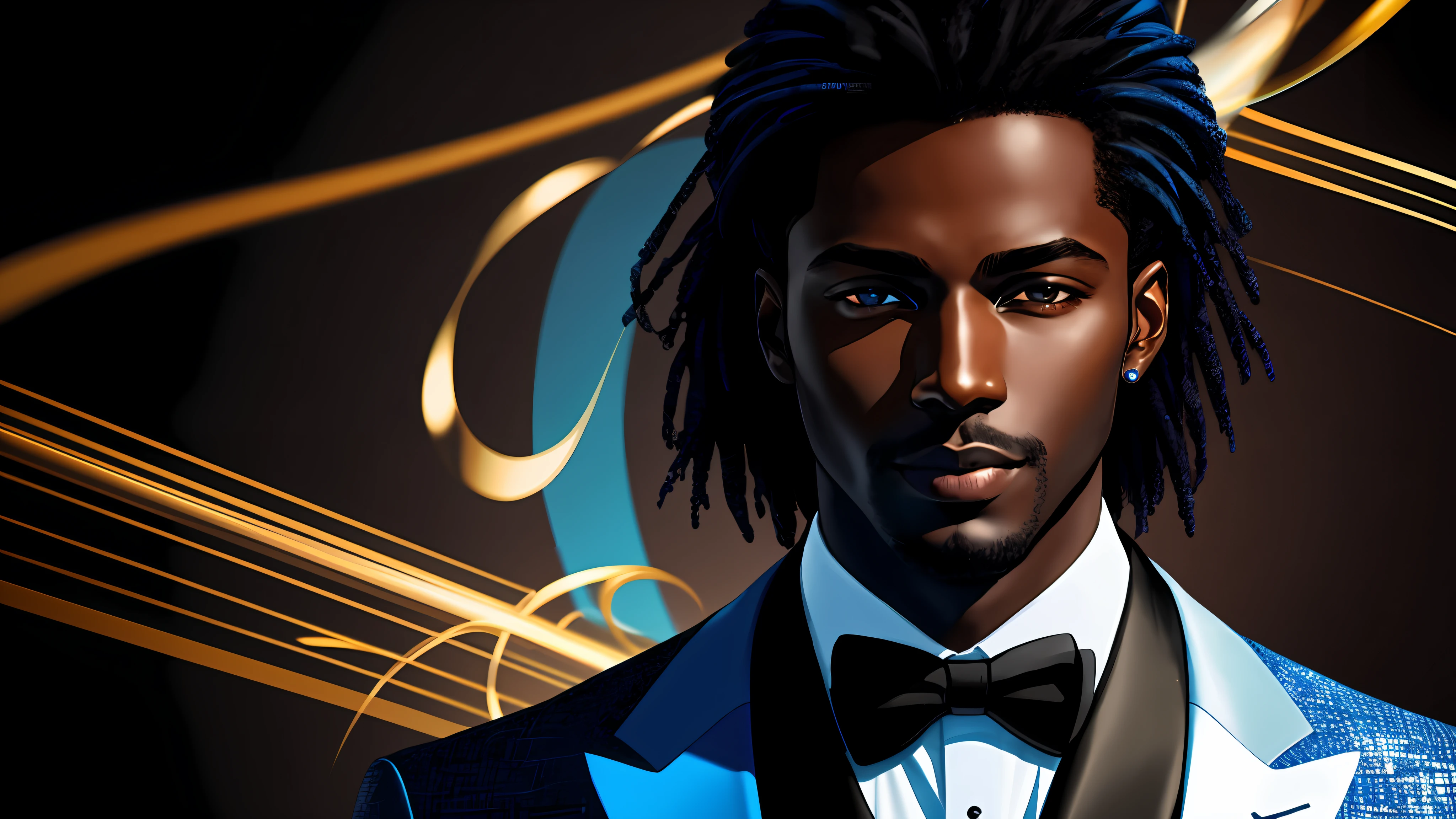 a close up of one dark skinned man (character at the right), black and blue elegant suit, 8k, digital art, stunning digital illustration, no text, blue colored abstract background, music elements, jazz, blues