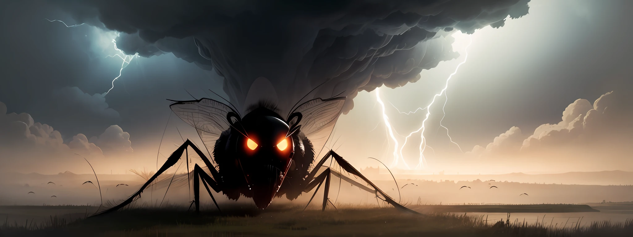 A huge mosquito was struck by lightning, Reveal a pained expression, silhouette