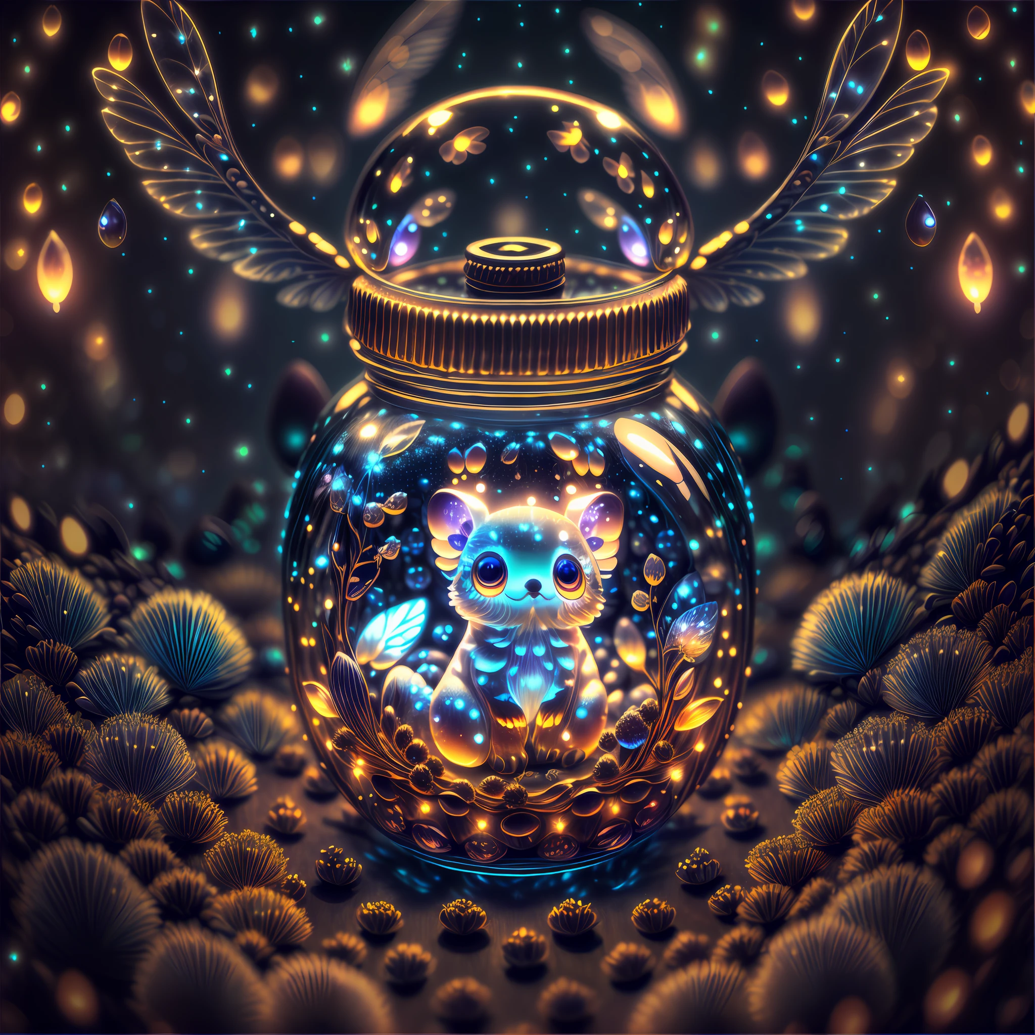 (a miniature creature with many paws in a bottle, a detailed and high-quality CG Unity 8k image, masterpiece quality, art illustration), (thanks to macro photography and detailed description, this creature is detailed and attractive, with wings, big sad eyes and glowing spots), in a dark and deep forest, with a mystical atmosphere and night lighting