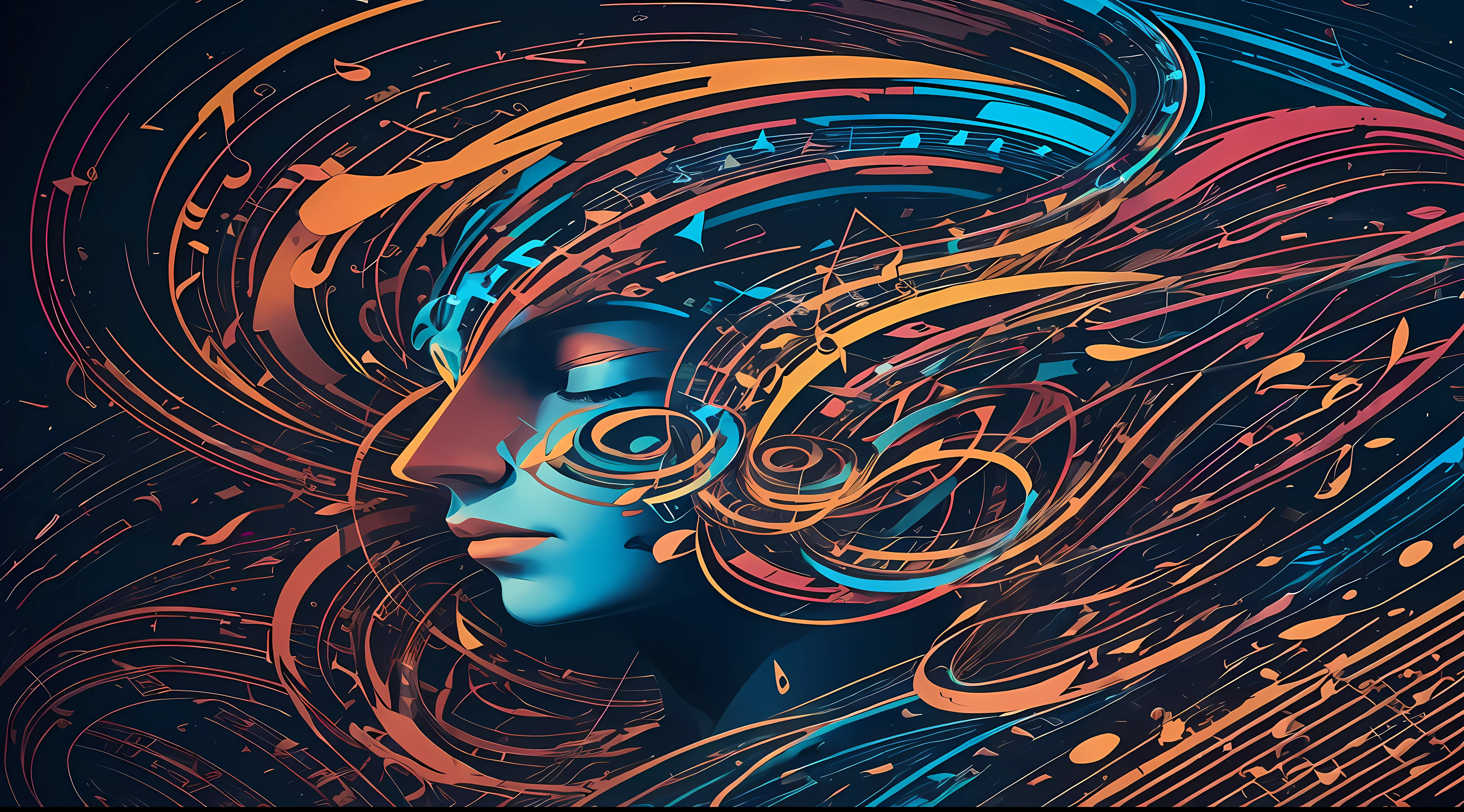 painting of a person with musical notes in his head, virtuosic painting, music, the god of music, face made of notation, musician, neural acrylic paint, synesthesia, masterpiece work of art, masterful composition!!!, musicality, flowing rhythms, by Yehia Dessouki, graphic musicality, mesmerizing, amazing, (abtract:1.1) and (virtuosic:1.1), in (16:9 aspect ratio:1.1), with a (dark:1.1) style, suitable for (wallpaper:1.1). --auto --s2
