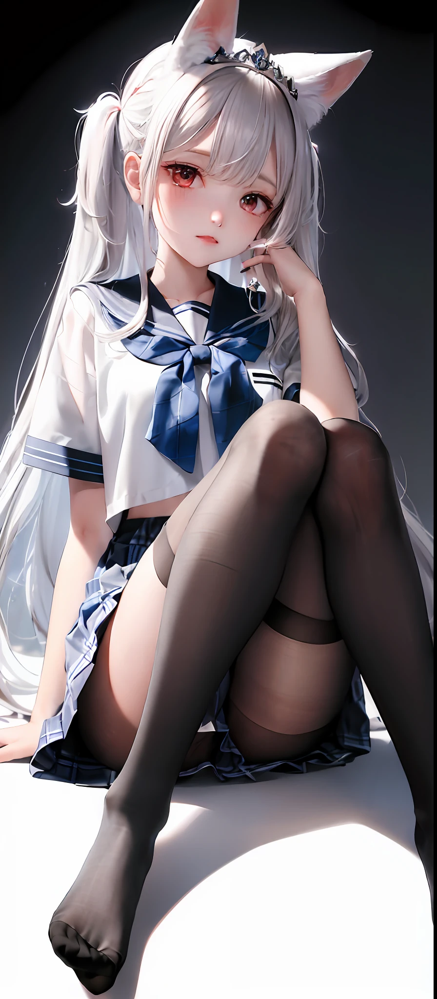 1girl, (masterpiece:1.1), (best quality:1.1), (white blouse:1.1), (plaid skirt:1.1), school uniform, high-waisted skirt, break [blue:pink:0.5] theme, (gradient background: 1.1), denim shot, break silver hair, long hair, red eyes, delicate tiara, sideways, white hose, full body, Close-up of feet, no shoes, bare feet, black stockings, white fox ears, temptation, transparent sailor suit, 8K, red eyes, socks