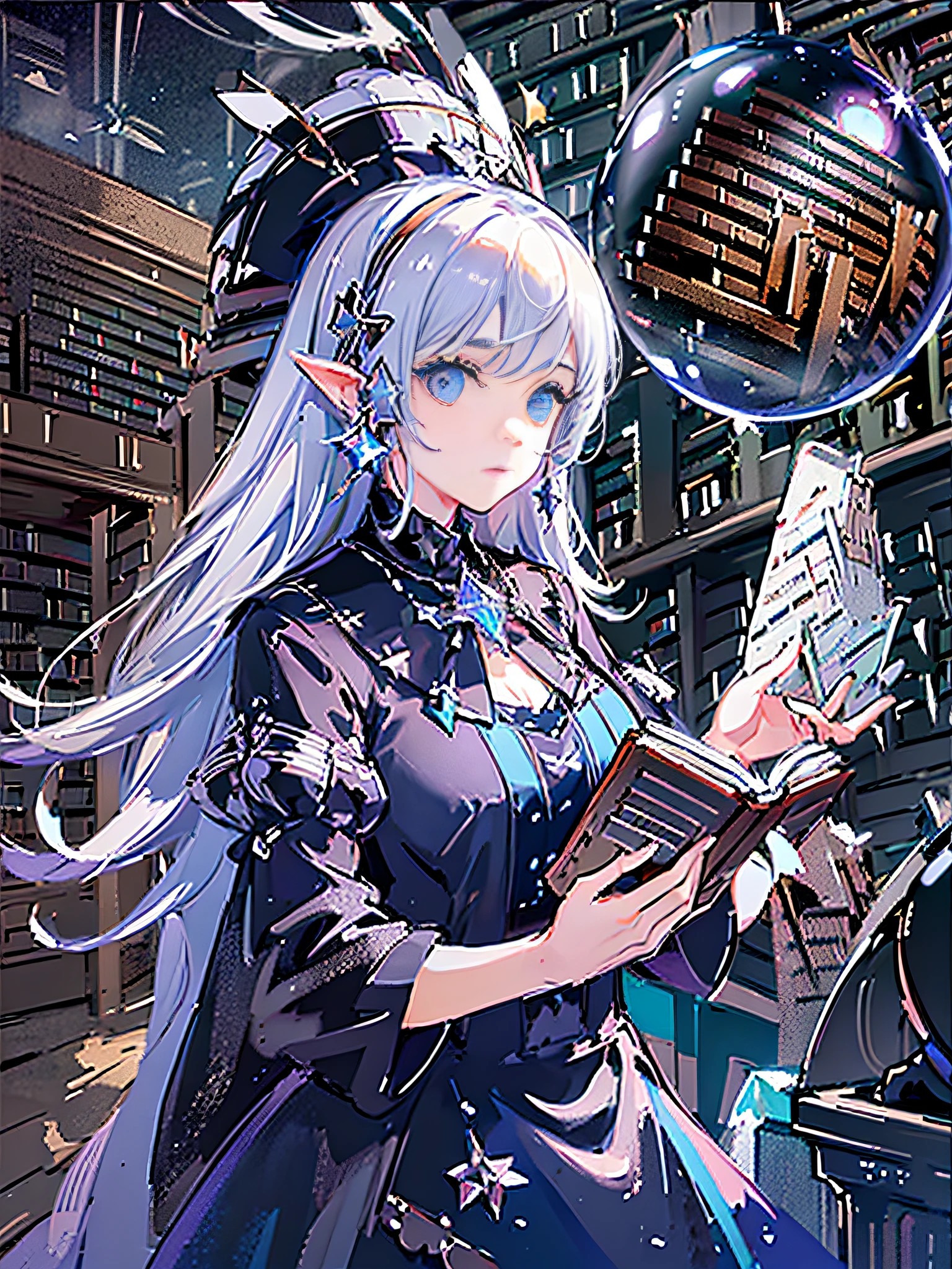 (highest image quality), (Master&#39;s Words decoration d), (((1girl))) solo, long white hair, blue eyes, (no smile), best quality, fine detail, masterpiece, (magic book:1.4), (ultra-detailed), (detailed eye description: 1.2), (floating colorful wind: 1.4), (tarot border: 1.4), (close-up: 1.2), (side view: 1.3), (chaotic geometry image: 1.3) ,(negative space: 0.8),(drawing tablet:1.3),(huge crystal ball and stars behind it:1.5),(Ether ink flow:1.3),((library bookshelf background:1.8)), Large upper sleeves, ((ruffles)), hair_ornament,blue ribbons, bowties, buttons, (((middle breast))),(white pleated skirt:1.2), ((sharp focus)), ((masterpiece)) , (((best quality))), ((extremely etailed)), colorful, hdr, white hair,((Magus)),(upper body:1.5),(Facing viewer:1.5)