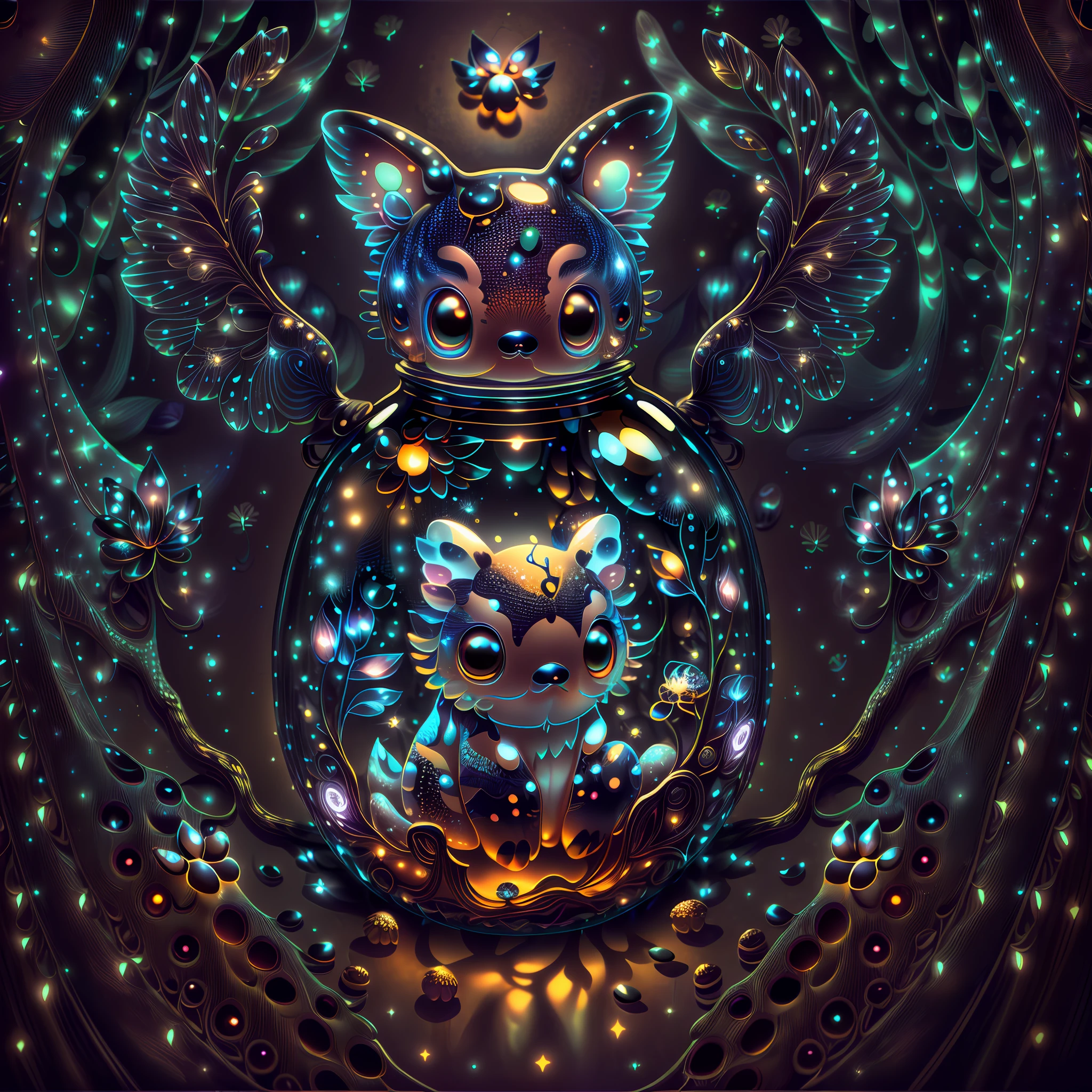 (a miniature creature with many paws in a bottle, a detailed and high-quality CG Unity 8k image, masterpiece quality, art illustration), (thanks to macro photography and detailed description, this creature is detailed and attractive, with wings, big sad eyes and glowing spots), in a dark and deep forest, with a mystical atmosphere and night lighting