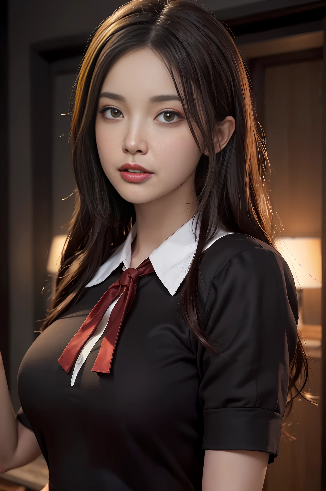 Masterpiece, (Front Focus), (In the Dark:1.6), Surrealist Female Portrait, Fantasy Art, Photorealism, Dynamic Lighting, ArtStation, Poster, Volumetric Lighting, Very Detailed Face, Detailed Eyebrows, Detailed Nose, Detailed Lips, Black and Fluffy Eyes, 4K, Awards, 1Girl, In the Dark, Deep Shadow, Lowkey, Cowboy Shot, Bokeh, Dark Brown Hair, Slight White Hair, Gorgeous Hair, ((dark red wool blouse)), Fine spots on the skin,  black eyes, smiles,