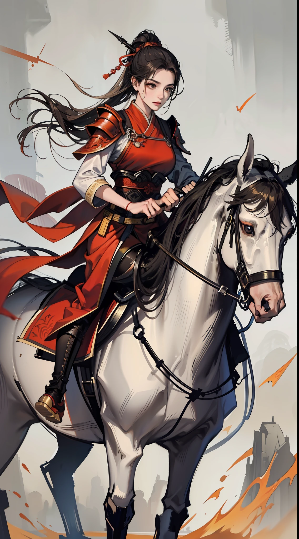 chinoiserie,The background is the ancient Chinese battlefield,A female general rides a war horse、A full body,Clear facial features、grim expression,Facing the audience,Amazing facial features,Red robes,ARMOUR,boots,Yellow sand flying,Fleeing crowds,firelight,Game model,C4D, OCrenderer, edge light,The light is delicate,masterpieces,hyperdetailed,epic composition,Super HD,Quality,Max Quality,32k