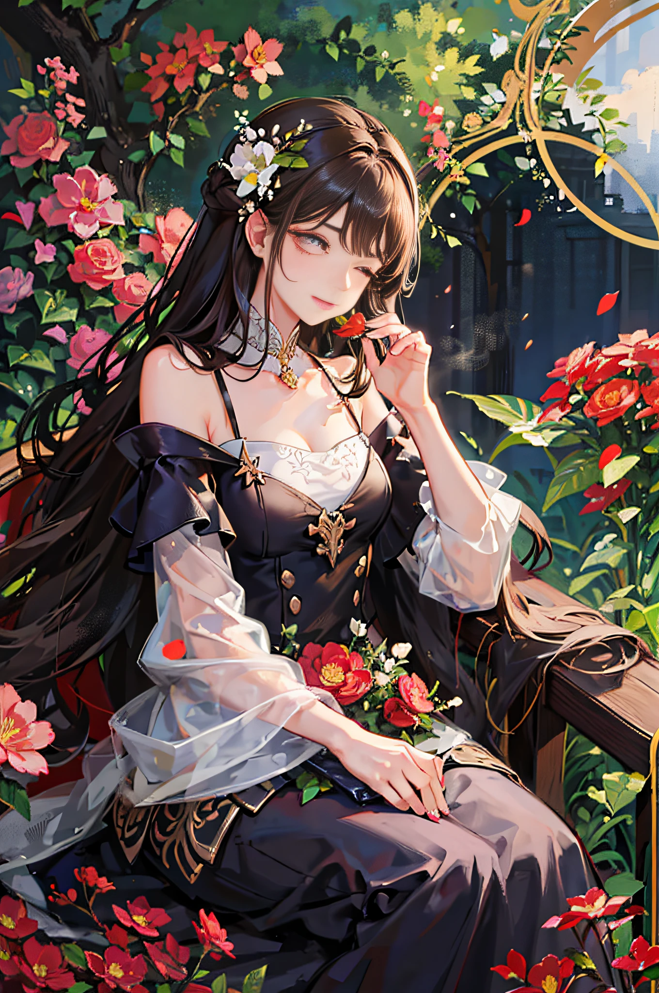 an elegant young woman sitting on a wrought iron bench in the center of a lush garden. The garden should be filled with colorful flowers and greenery, creating a vibrant and serene atmosphere. The woman should have long, flowing brown hair, styled in loose curls that fall gently down her back. She should be wearing a flowing white dress with delicate lace accents, which floats around her as she sits on the bench. In her left hand, the woman should be holding a leather-bound book with gilded pages, as if she were in the middle of reading it. Her right hand should be resting gently on a small, ornate table that is positioned next to the bench. On the table, there should be a vase of freshly cut flowers, with bright red and yellow petals that perfectly complement the surrounding flora. Next to the vase, there should be a small cup of steaming tea, emitting fragrant steam that curls up into the air. The woman should have a serene expression on her face, as if she is completely at peace and enjoying the natural beauty around her. Her eyes should be closed, as if she is savoring the aroma of the flowers and the warm breeze on her skin. The overall image should convey a sense of tranquility and contentment