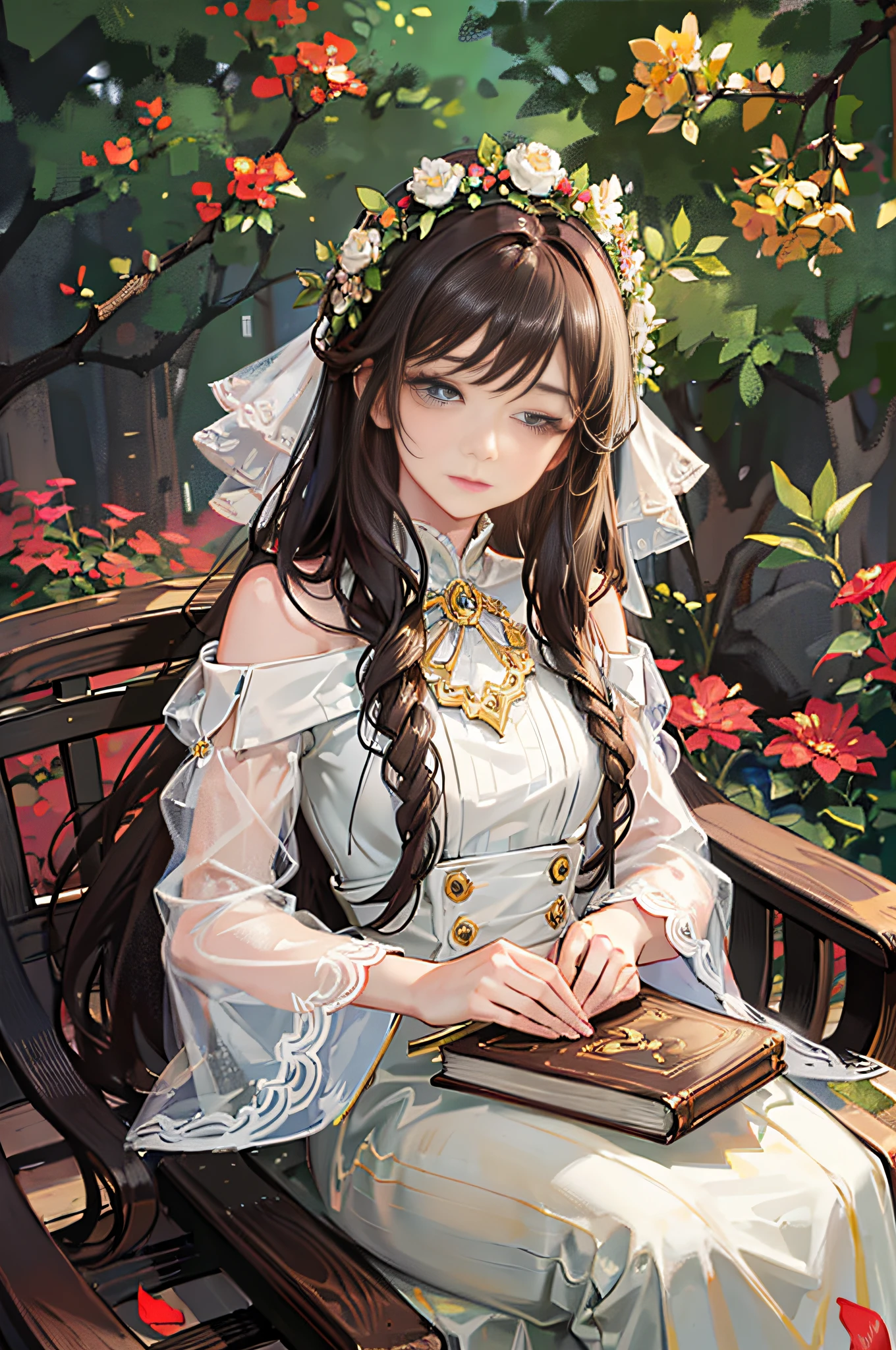 an elegant young woman sitting on a wrought iron bench in the center of a lush garden. The garden should be filled with colorful flowers and greenery, creating a vibrant and serene atmosphere. The woman should have long, flowing brown hair, styled in loose curls that fall gently down her back. She should be wearing a flowing white dress with delicate lace accents, which floats around her as she sits on the bench. In her left hand, the woman should be holding a leather-bound book with gilded pages, as if she were in the middle of reading it. Her right hand should be resting gently on a small, ornate table that is positioned next to the bench. On the table, there should be a vase of freshly cut flowers, with bright red and yellow petals that perfectly complement the surrounding flora. Next to the vase, there should be a small cup of steaming tea, emitting fragrant steam that curls up into the air. The woman should have a serene expression on her face, as if she is completely at peace and enjoying the natural beauty around her. Her eyes should be closed, as if she is savoring the aroma of the flowers and the warm breeze on her skin. The overall image should convey a sense of tranquility and contentment