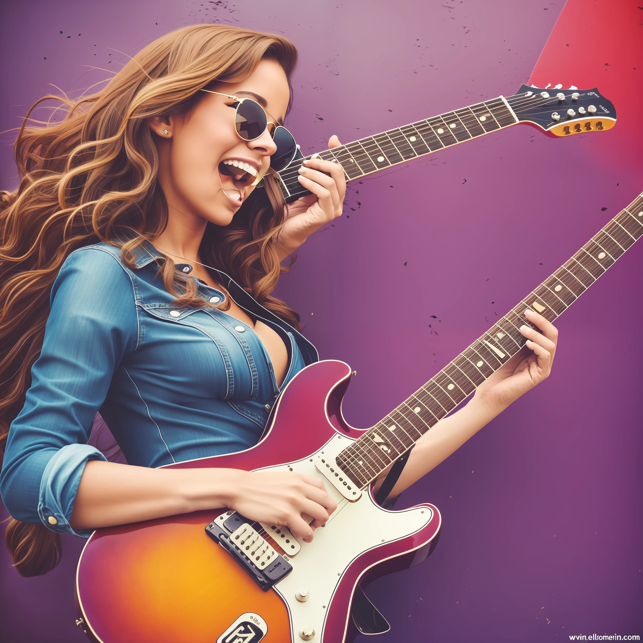 Black girl in jeans dress and sunglasses luscious chestnut hair like 50s women, sexier and a little more mature playing guitar on the street, Change color and type of guitar solo guitar, performing a music video, swinging, performing on stage, holding electric guitars, Hold an electric guitar, play the guitar, the girl plays the guitar, excellent quality, hold an electric guitar, play the electric guitar, play the guitar, play the guitar, hold an electric guitar, play the guitar the hands must be perfect. --auto --s2