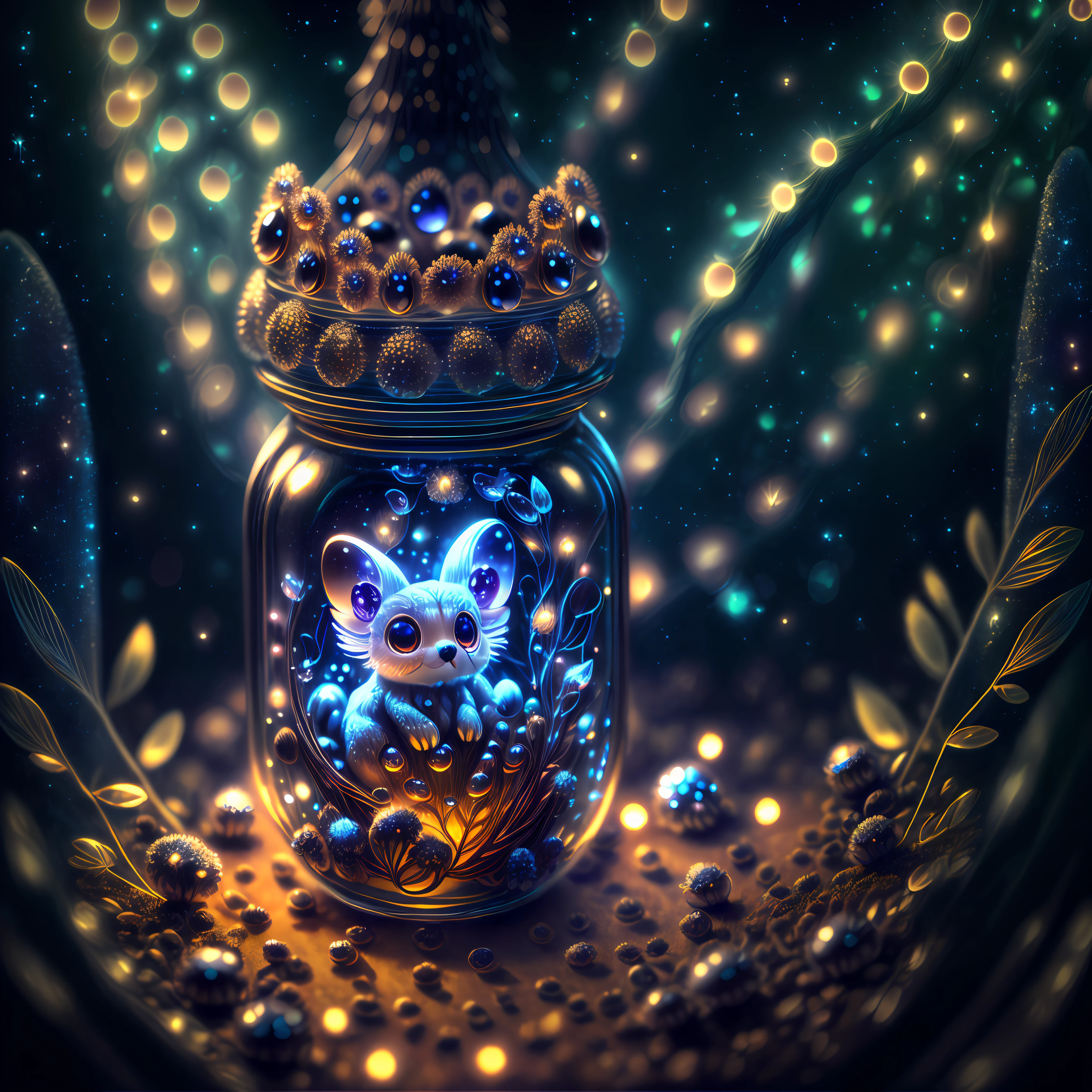 (a miniature creature with many paws in a bottle, a detailed and high-quality CG Unity 8k image, masterpiece quality, art illustration), (thanks to macro photography and detailed description, this creature is detailed and attractive, with wings, big sad eyes and glowing spots), in a dark and deep forest, with a mystical atmosphere and night lighting