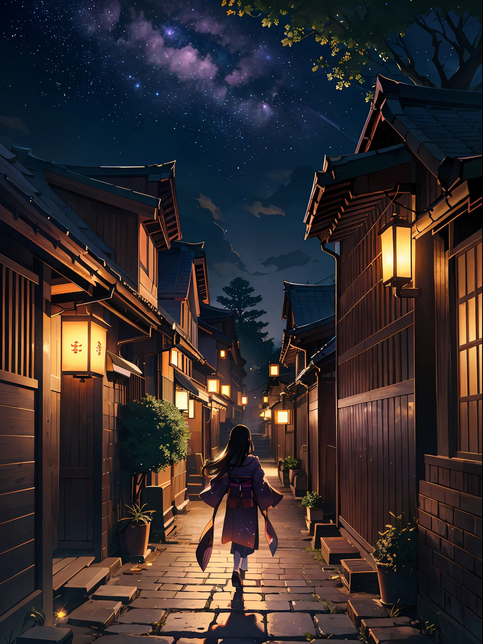 expansive landscape photograph ,(Night view of old and charming buildings in Kyoto, Japan), Girl with long black hair walking on cobblestone streets,Silhouette looking backward,( shooting stars:0.9), (nebula:1.3), tree BREAK
production art, (warm light source:1.2),lot of purple and orange, intricate details, volumetric lighting, realism BREAK
(masterpiece:1.2), (best quality), 4k, ultra-detailed, (dynamic composition:1.4), highly detailed, colorful details,( iridescent colors:1.2), (glowing lighting, atmospheric lighting), dreamy, magical, (solo:1.2)