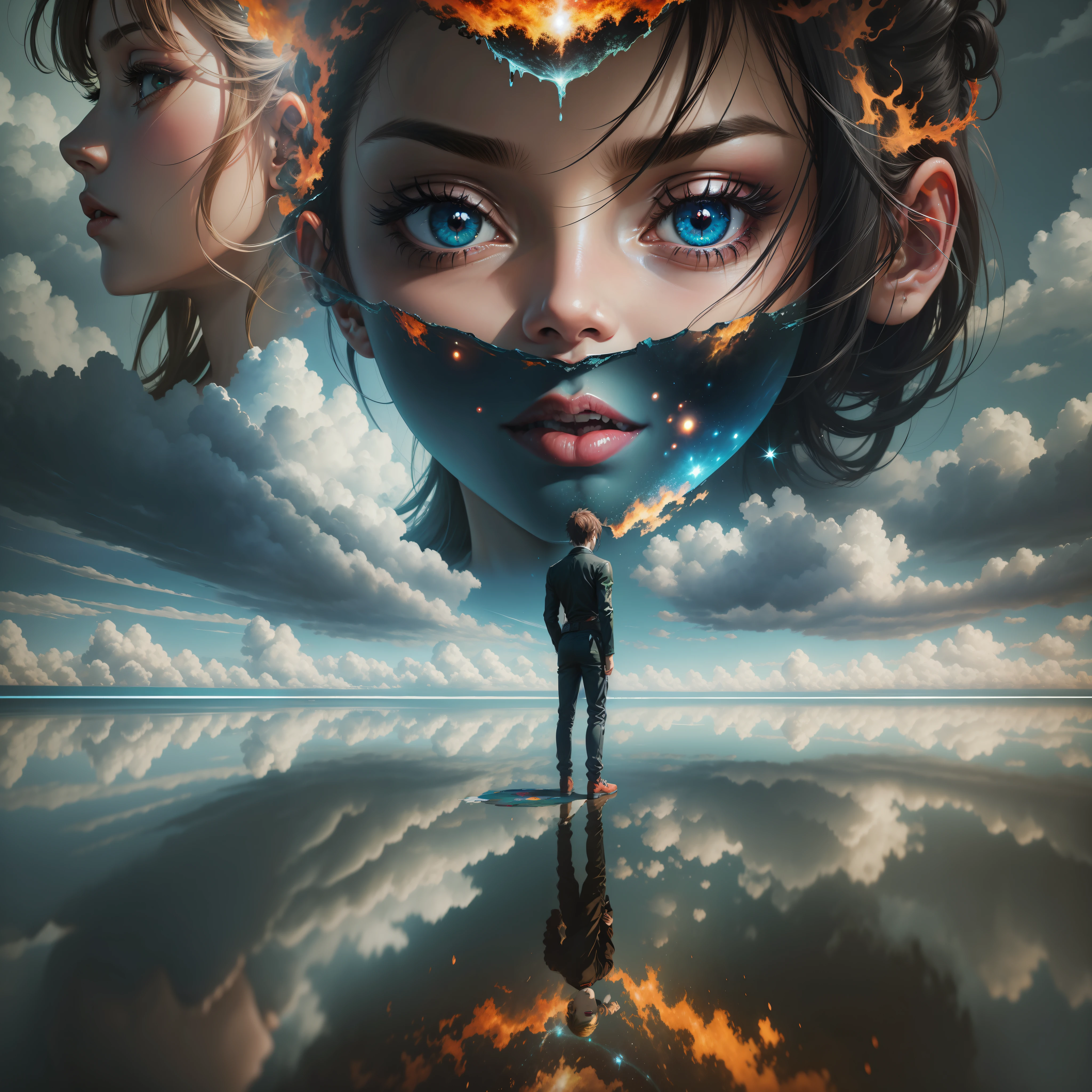 realistic collage anime-painting-photo-film surrealist collage inspired by the works of Raphael,a surrealist composition illustrating modern hell, there are holographic reflections in the background, impression of an image in which the viewer can dive, 8K reflections,kinematic filter, borderless collage