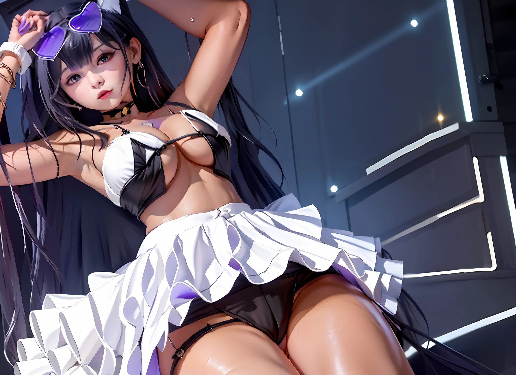 masterpiece, best quality, ultra-detailed, illustration, warm lighting, bright colors, 1girl, solo, purple eyes, dark blue hair, dark skin, carmen_(counter:side), cat ears, cat girl, cat tail, very long hair, jewelry, crazy eyes, crazy_eyes, medium breast, heart-shaped eyewear, 

apron, black_bow, black_bowtie, white_dress, blinds, book, bow, bowtie, cleavage, cleavage_cutout, closed_mouth, clothing_cutout, cup, dress, frilled_dress, frills, full_body, garter_straps, hair_twirling, hand_on_own_thigh, hand_up, indoors, lamp, legs, legs_up, long_hair, looking_at_viewer, maid, maid_apron, no_shoes, panties, puffy_short_sleeves, puffy_sleeves, short_sleeves, sitting, solo, stirrup_legwear, thighhighs, thighs, underwear, white_apron, white_garter_straps, white_panties, white_thighhighs, feet out of frame,