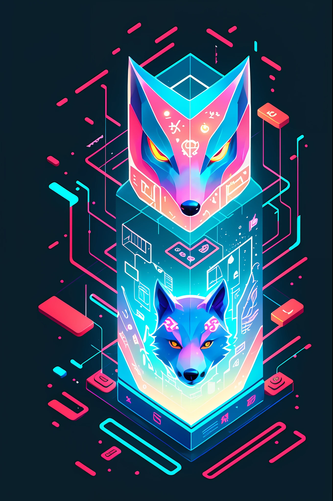 A detailed illustration face evil ninja wolf,magic, t-shirt design, red color , dark magic splash, dark, ghotic, t-shirt design, in the style of Studio Ghibli, pastel tetradic colors, 3D vector art, cute and quirky, fantasy art, watercolor effect, bokeh, Adobe Illustrator, hand-drawn, digital painting, low-poly, soft lighting, bird's-eye view, isometric style, retro aesthetic, focused on the character, 4K resolution, photorealistic rendering, using Cinema 4D