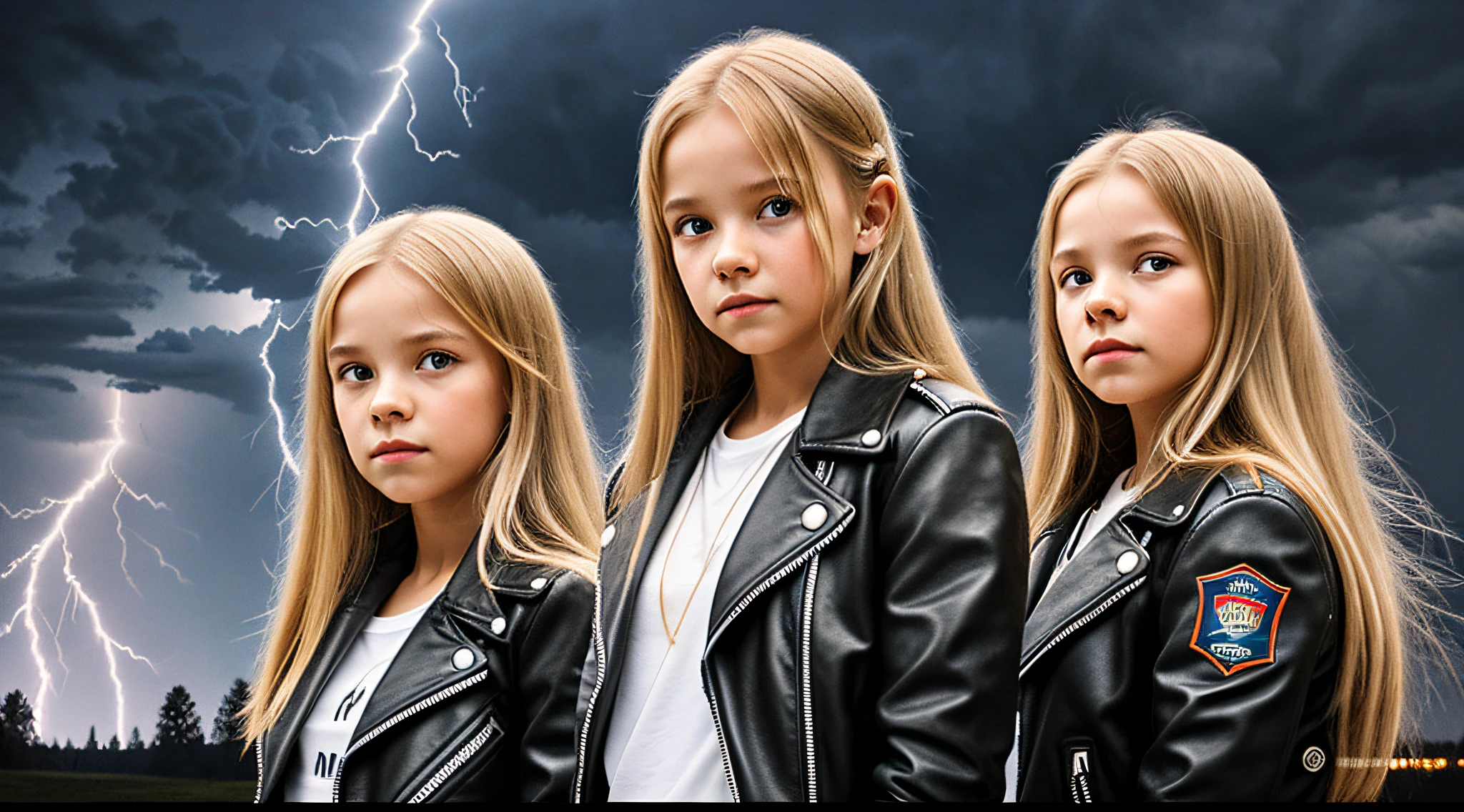 3 GIRLS Russian children with 10 years of age, WITH LONG BLONDE STRAIGHT HAIR, WITH BLACK LEATHER JACKETS, PORTRAIT STYLE., a lightning crossing the sky over a forest at night, bursts of lightning, with thunderstorms, lightning, lightning in the sky, thunderstorms, thunderstorms of thunder, with lightning, lightning in the background, lightning in the background, natural lightning, lightning storm in the background, atmospheric lightning, lightning storm, thunderstorm at night, lighting screws, , lightning in the background