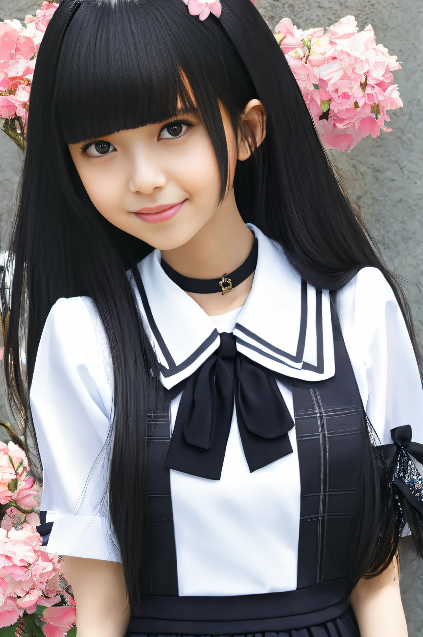 masterpiece, best quality, full body, 1girl, bangs, black choker, black tie, blue skirt, blush, bracelet,, choker, clothes around waist, collarbone, collar shirt, dress shirt, eyebrows visible through hair, gradient hair, smile, jewelry, long hair, look viewer, loose tie, tie, plaid skirt, pleated skirt, black eyes, ring, sailor suit, shirt, skirt, smiling, solo, white shirt, cherry, petal, elegant, woman, vibrant, clothing, posing, frontal, colorful, dynamic, background, element, confidence, expression, retention, statement, accessory, majestic, roll, around, touch, scene, cover, eye-catchy, stylish, catchy, bigger, impressive, modern, Fashionable,