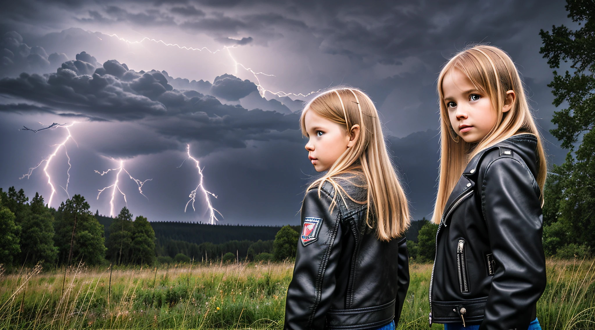 3 GIRLS Russian children with 10 years of age, WITH LONG BLONDE STRAIGHT HAIR, WITH BLACK LEATHER JACKETS, PORTRAIT STYLE., a lightning crossing the sky over a forest at night, bursts of lightning, with thunderstorms, lightning, lightning in the sky, thunderstorms, thunderstorms of thunder, with lightning, lightning in the background, lightning in the background, natural lightning, lightning storm in the background, atmospheric lightning, lightning storm, thunderstorm at night, lighting screws, , lightning in the background
