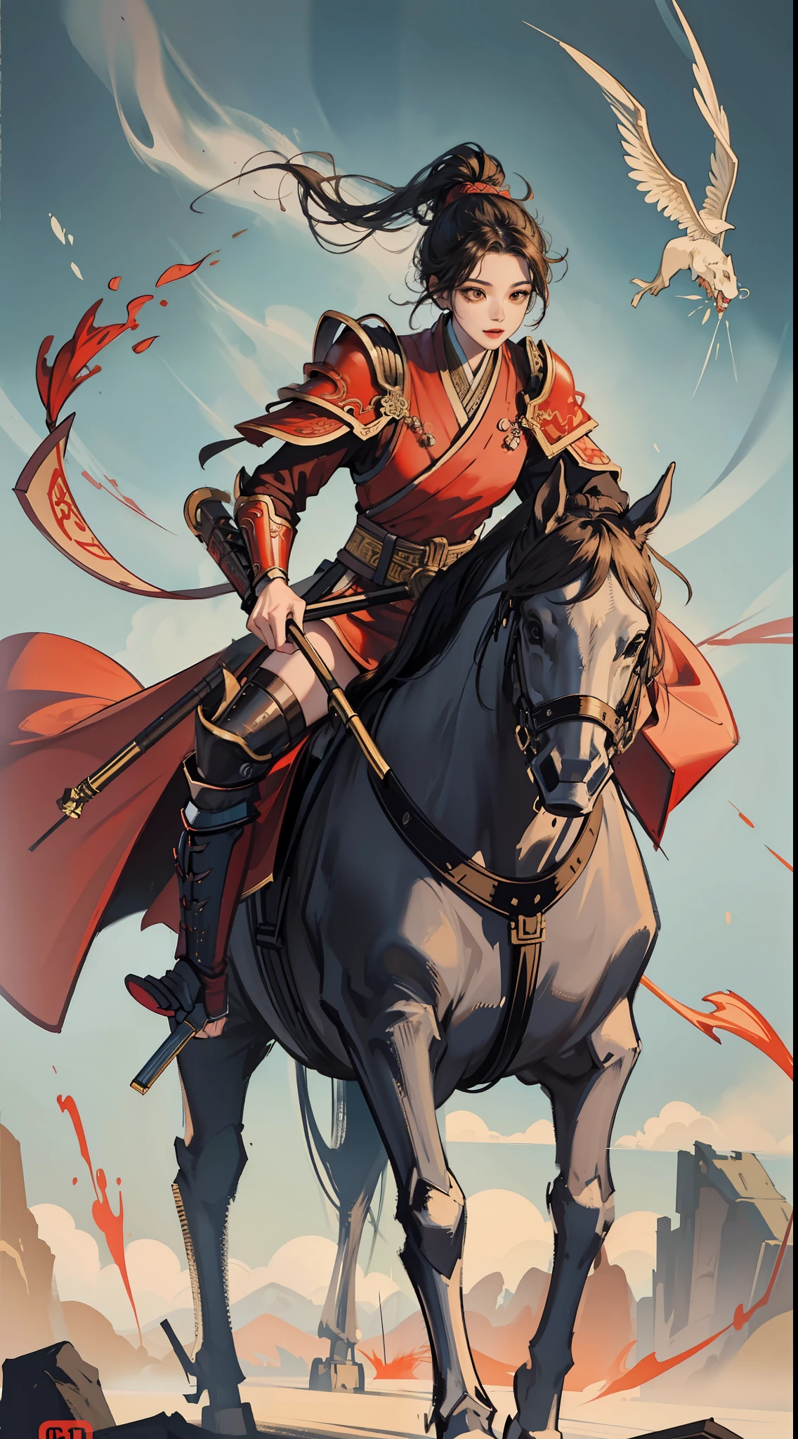chinoiserie,The background is the ancient Chinese battlefield,A female general rides a war horse、A full body,Clear facial features、grim expression,Facing the audience,Amazing facial features,Red robes,ARMOUR,boots,Yellow sand flying,Fleeing crowds,firelight,Game model,C4D, OCrenderer, edge light,The light is delicate,masterpieces,hyperdetailed,epic composition,Super HD,Quality,Max Quality,32k