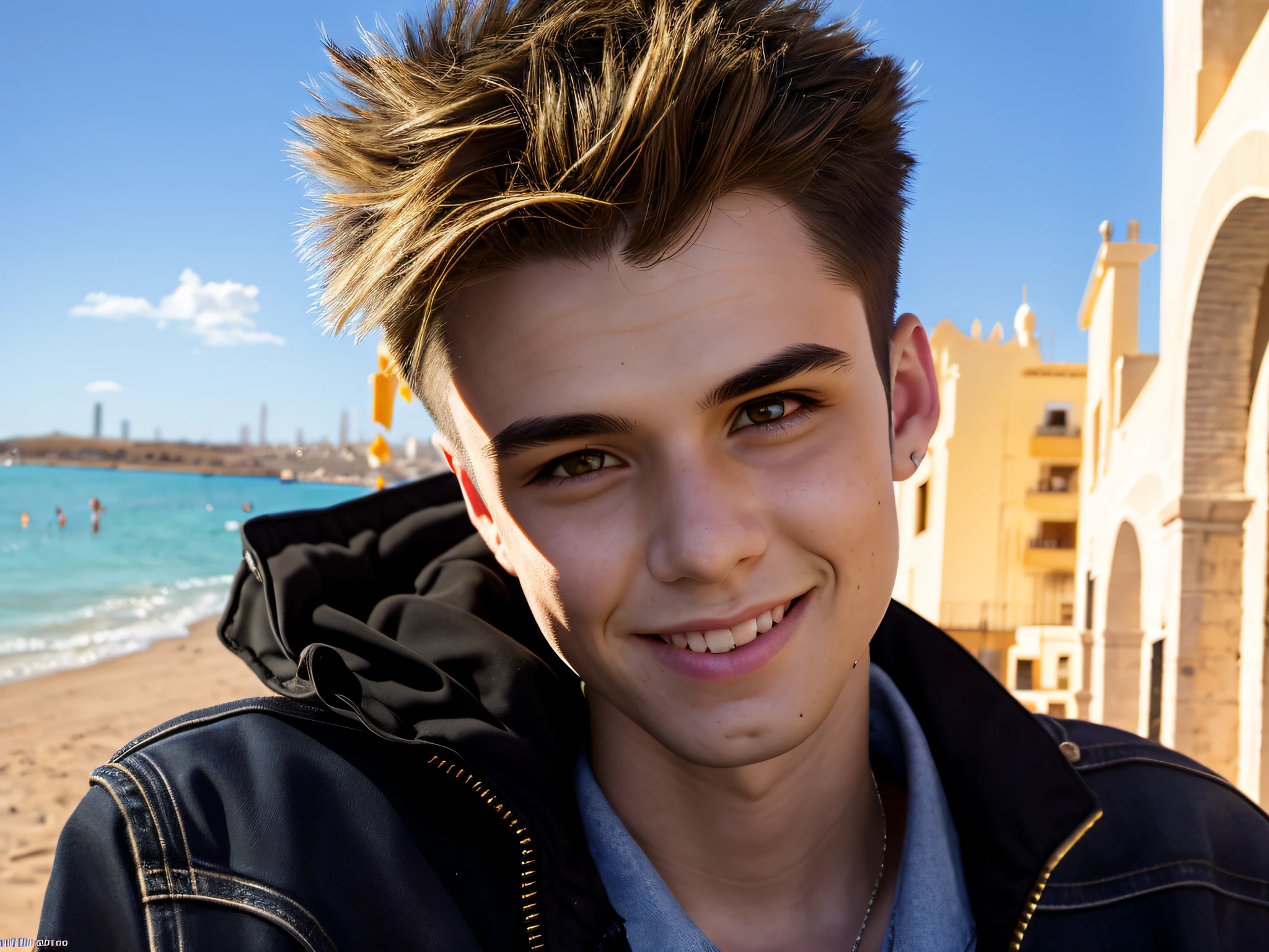 style photography, ( masterpiece, photorealistic, raw: 1.4 portrait half body young guy in clothes of the 90s in the city of Torrevieja) focus in the center, he has a smile, (magic of ligating in ambient : 1.2), highest quality, (very detailed background: 1.4), (photorealistic, raw, extremely complex: 1.4), giving the scene a dark atmosphere, but sculpting shapes with sharp chiaroscuro, It's morning time, (very detailed skin), skin texture, (detailed face), half-naked breasts, wearing a techwear jacket, (very detailed eyes: 1.2) (very detailed face: 1.2) (very detailed iris and pupils: 1.2) round pupils, sunny day, detailed background, sharp focus, twilight lighting, volumetric lighting, highly detailed, intricate details, 8k, high detail, UHD, HDR, cinematic action scene, smooth hair, amazing perspective, looking ahead, perfect framing, professional photo, young face, hyper-realistic anatomy, slim male body young, ultra-realistic skin, blond brown hair, strong, fierce, bright lights,