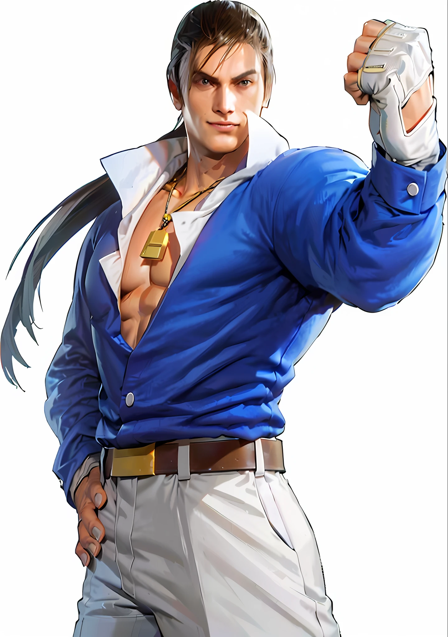 a cartoon image of a man with a fist in his hand, character from king of fighters, fighting game character, as a character in tekken, kazuma kaneko, shinkiro toshiaki mori, furio tedesschi, king of fighters style, tsurumaki kazuya, Robert form kingoffighters, ryuta ueda artwork, hyper detailed fists and hands, hyper detailed neck and necklace, extremely detailed body, smiling, super detailed face, fighter pose, wearing fighter gloves, 3D render, KOF style background arts, chiaroscuro and cinematic lighting effects