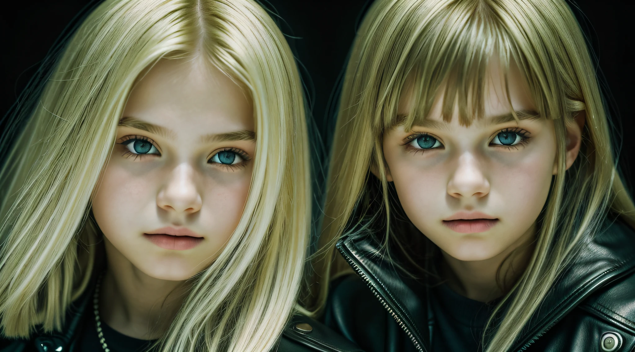 3 BOYS Russian children with 20 years of age, WITH LONG BLONDE STRAIGHT HAIR, WITH BLACK LEATHER JACKETS, PORTRAIT STYLE, A closeup of a green light on a black surface.