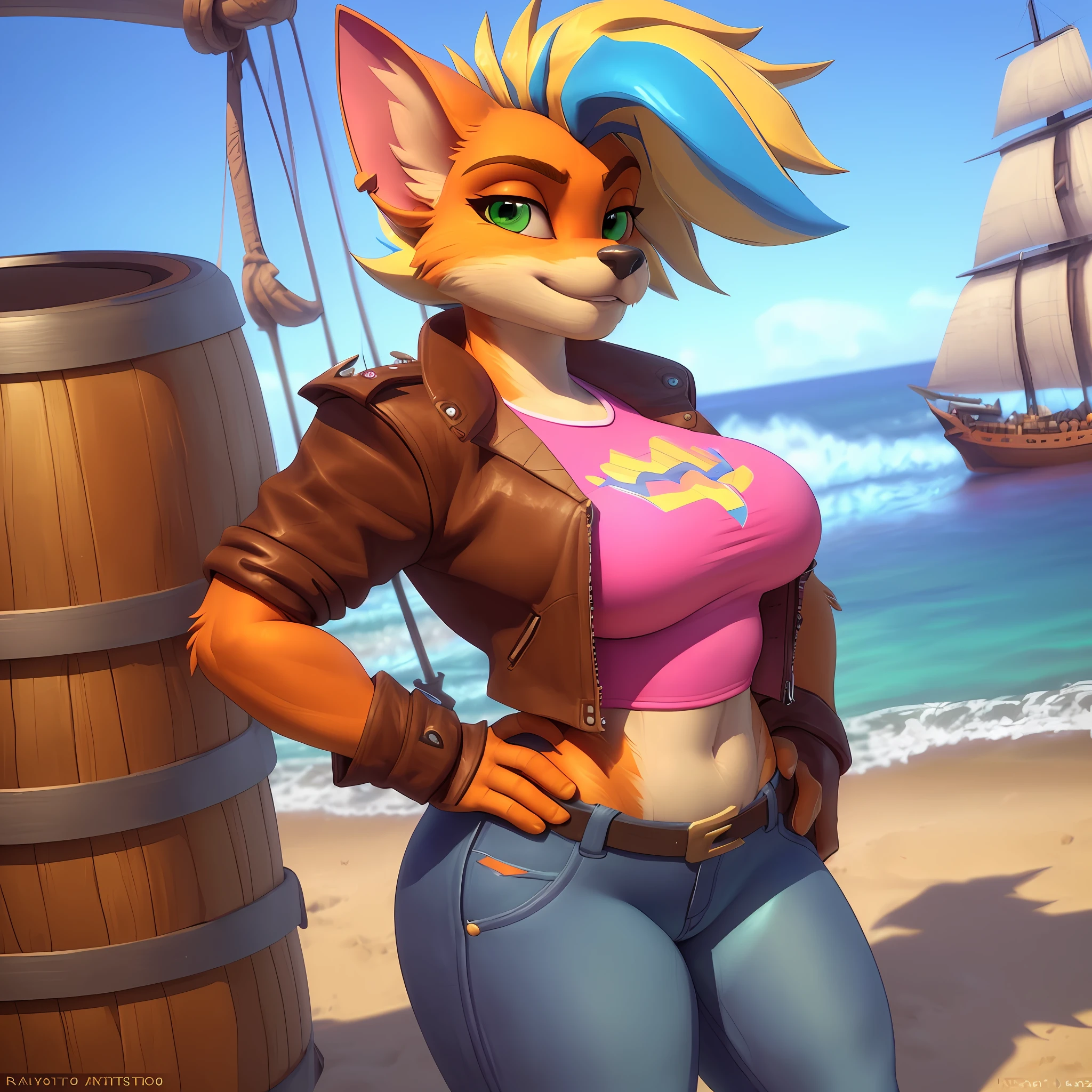 [piratetawna], [Uploaded to e621.net; (Pixelsketcher), (wamudraws)], ((masterpiece)), ((solo portrait)), ((1girl)), ((raw photo)), ((furry; anthro)), ((detailed fur)), ((raytracing)), ((detailed shading)), ((beautiful 3D art)), {anthro; (orange fur, black nose, pointed ears), beautiful green eyes, blonde hair blue highlights, long curly hair, happy smile, (pink shirt, large boobs, brown leather jacket, blue denim skintight jeans), red sneakers}, ((standing; hand on hip) attractive pose), [background; ship; (barrels, giant sail, beautiful ocean, sunny)]