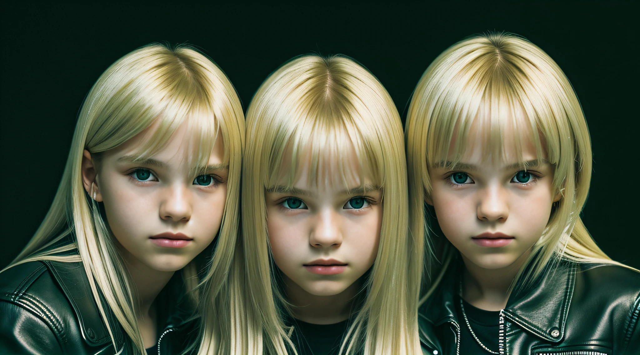 3 BOYS Russian children with 20 years of age, WITH LONG BLONDE STRAIGHT HAIR, WITH BLACK LEATHER JACKETS, PORTRAIT STYLE, A closeup of a green light on a black surface.