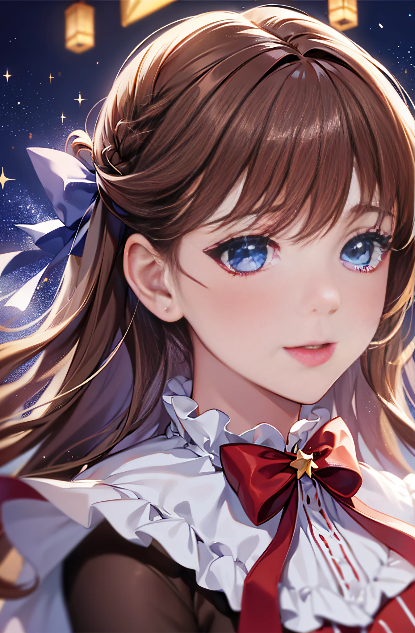 (extremely delicate and beautiful: 1.2), 1girl, bangs, blue eyes, blur, blur background, bow, brown hair, shut up, side view, hair between eyes, hair bow, lantern, light particles, long sleeves, look looking at audience, medium hair, night, red bow, solo, stars\(symbol\), upper body, smile, red lips