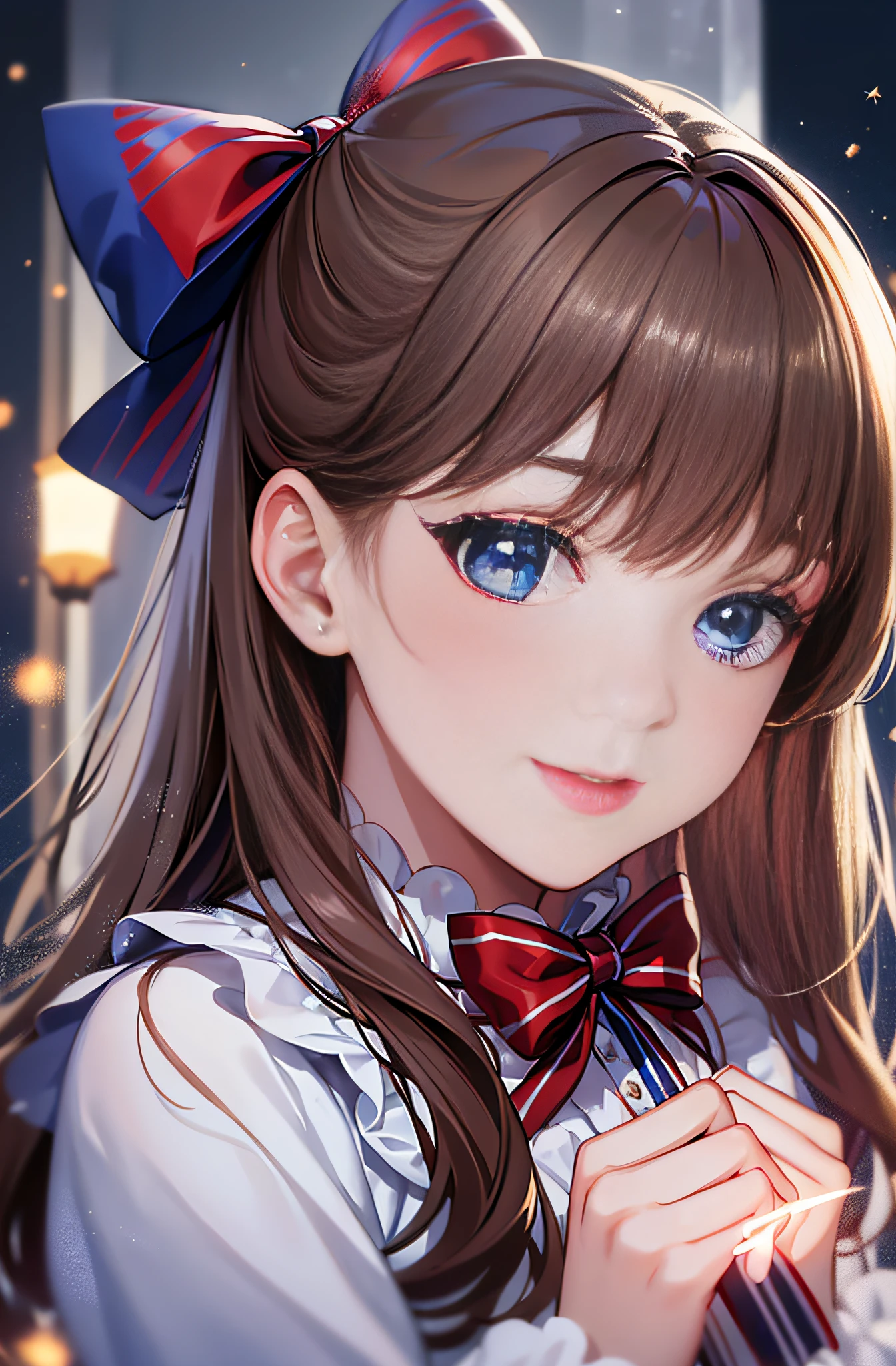(extremely delicate and beautiful: 1.2), 1girl, bangs, blue eyes, blur, blur background, bow, brown hair, shut up, side view, hair between eyes, hair bow, lantern, light particles, long sleeves, look looking at audience, medium hair, night, red bow, solo, stars\(symbol\), upper body, smile, red lips
