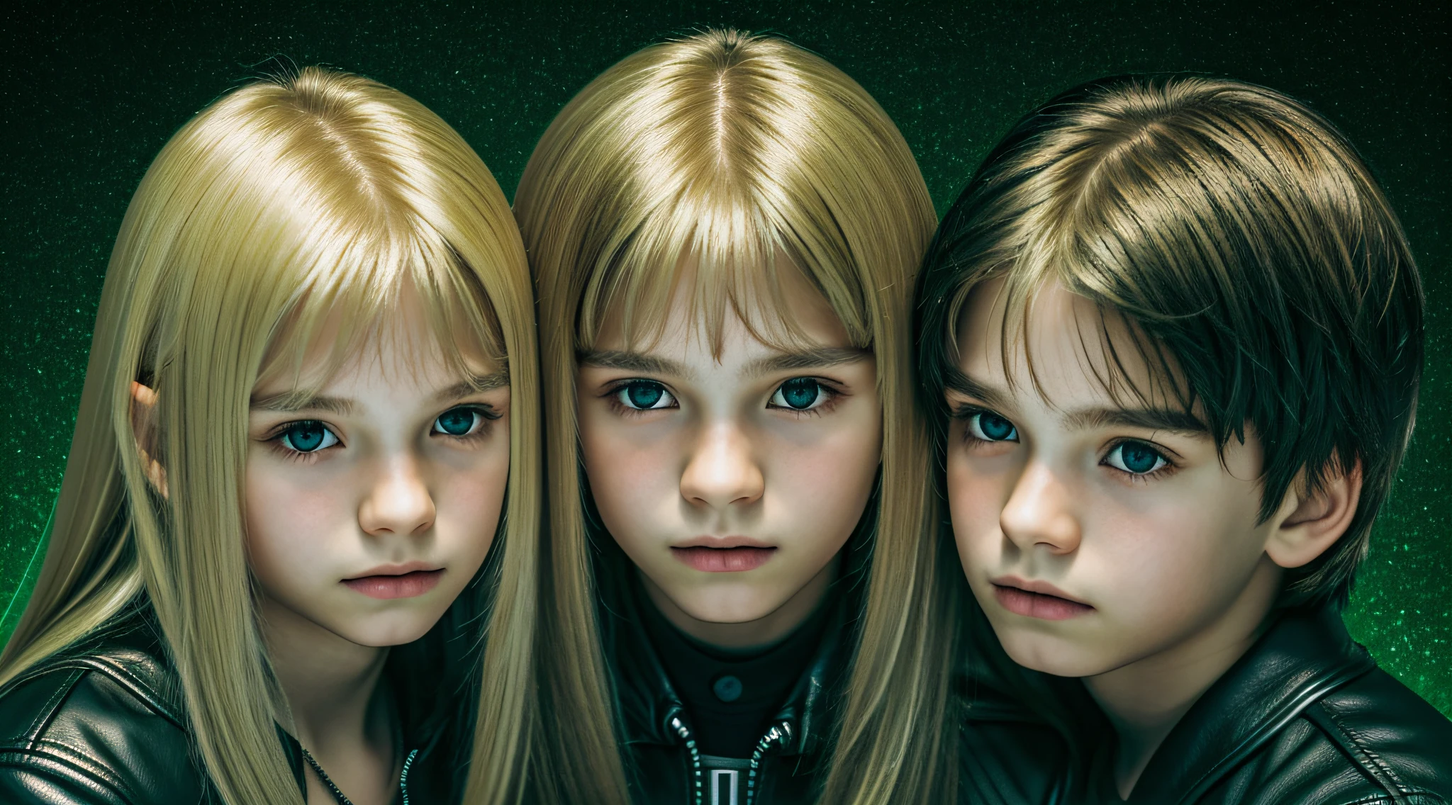 3 BOYS Russian children with 20 years of age, WITH LONG BLONDE STRAIGHT HAIR, WITH BLACK LEATHER JACKETS, PORTRAIT STYLE, A closeup of a green light on a black surface.