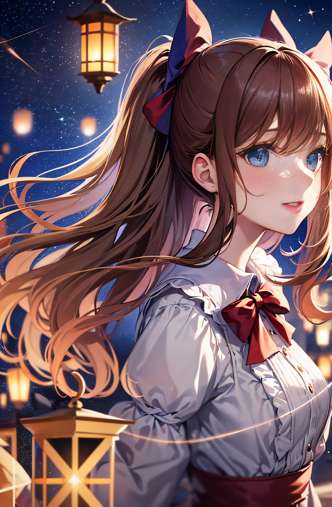 (extremely delicate and beautiful: 1.2), 1girl, bangs, blue eyes, blur, blur background, bow, brown hair, shut up, side view, hair between eyes, hair bow, lantern, light particles, long sleeves, look looking at audience, medium hair, night, red bow, solo, stars\(symbol\), upper body, smile, red lips