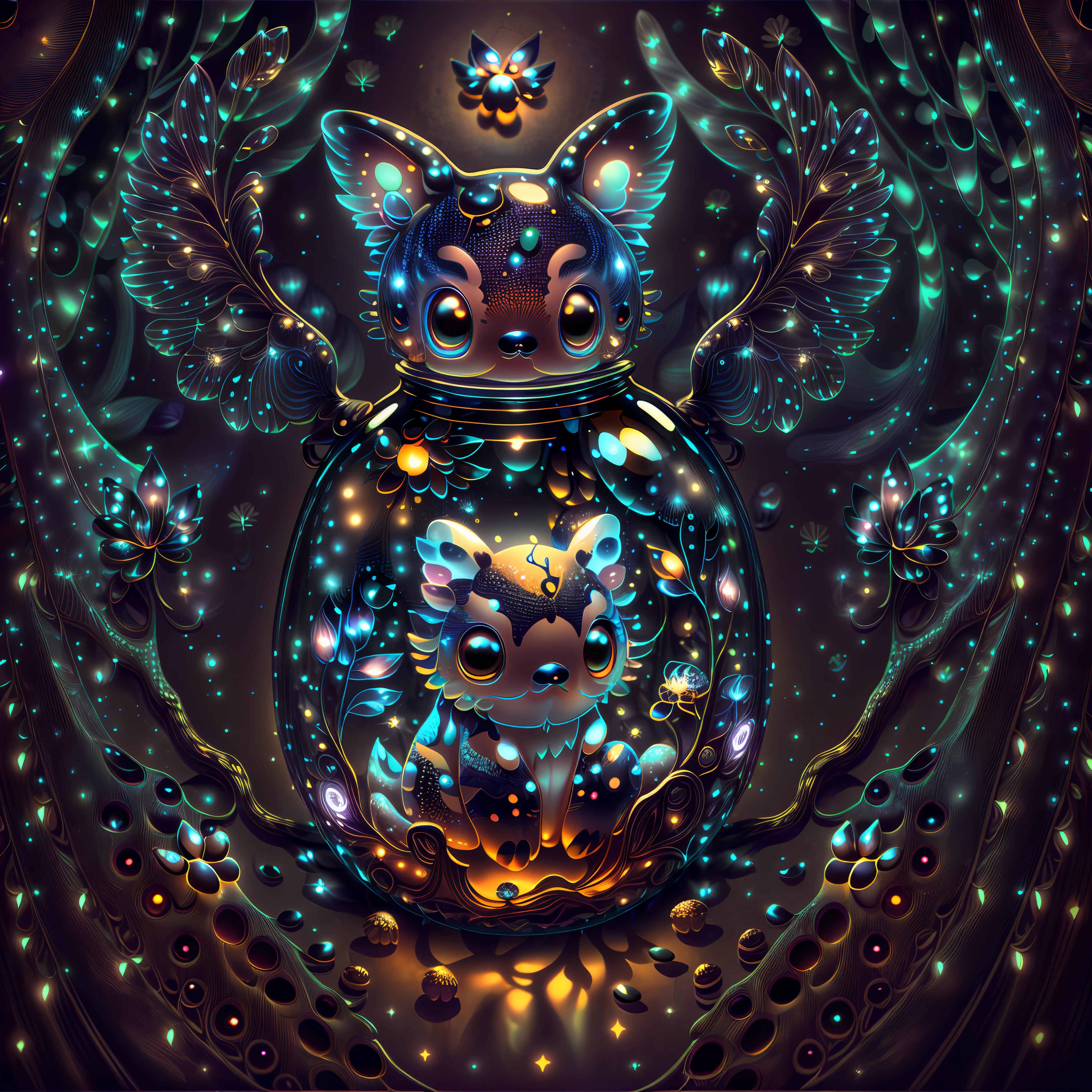 (a miniature creature with many paws in a bottle, a detailed and high-quality CG Unity 8k image, masterpiece quality, art illustration), (thanks to macro photography and detailed description, this creature is detailed and attractive, with wings, big sad eyes and glowing spots), in a dark and deep forest, with a mystical atmosphere and night lighting