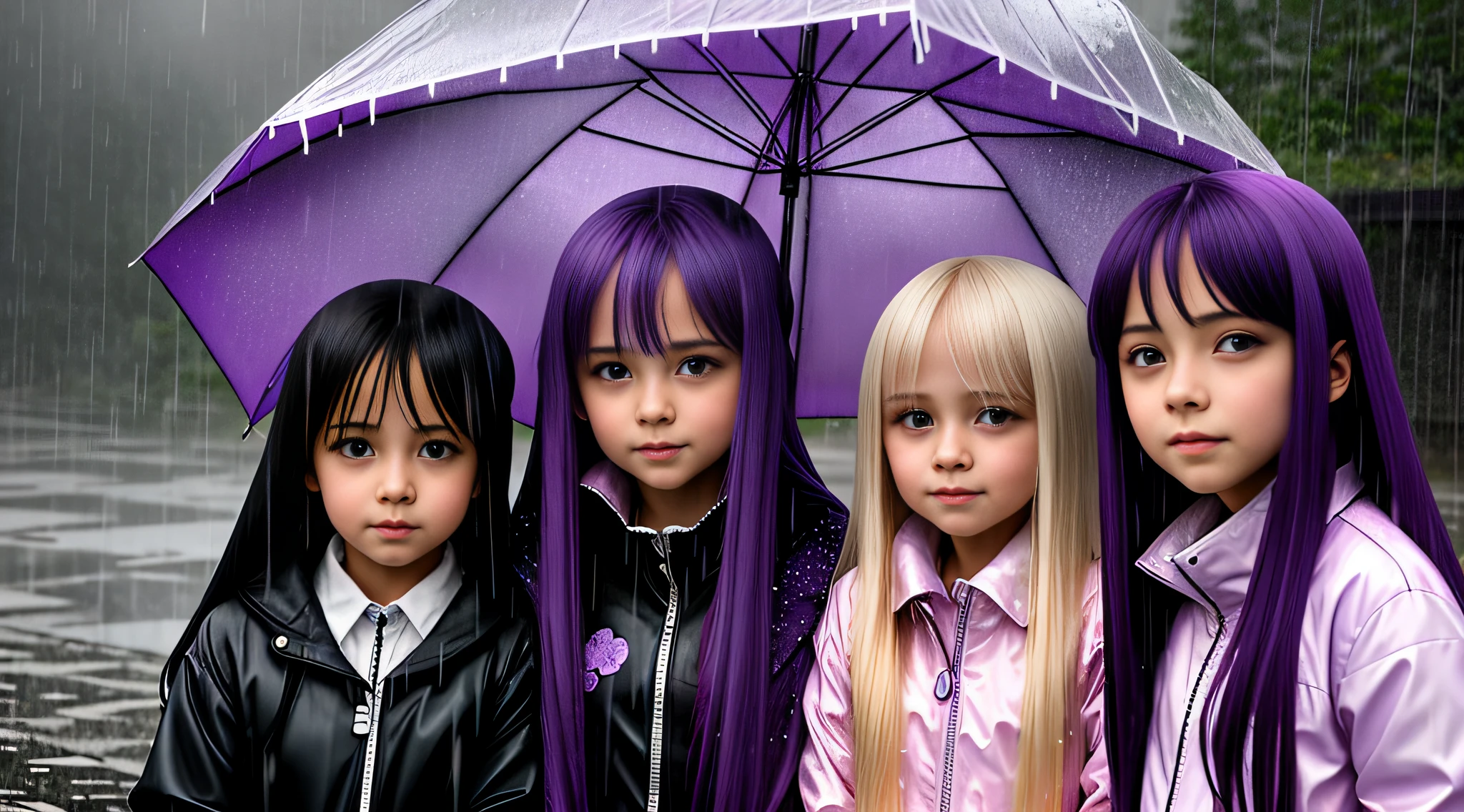 3 girls Russian children with , WITH LONG STRAIGHT HAIR blonde, PORTRAIT STYLE, in the rain with purple light, rain, anime art wallpaper 8 k, bright dark rain, anime wallpaper 4k, tears in the rain, anime art wallpaper 4 k, anime art wallpaper 4k, anime wallpaper 4k, 4k anime wallpaper, wallaper anime anime, late night rain, purple rain, atmospheric anime, rain rain portrait raining