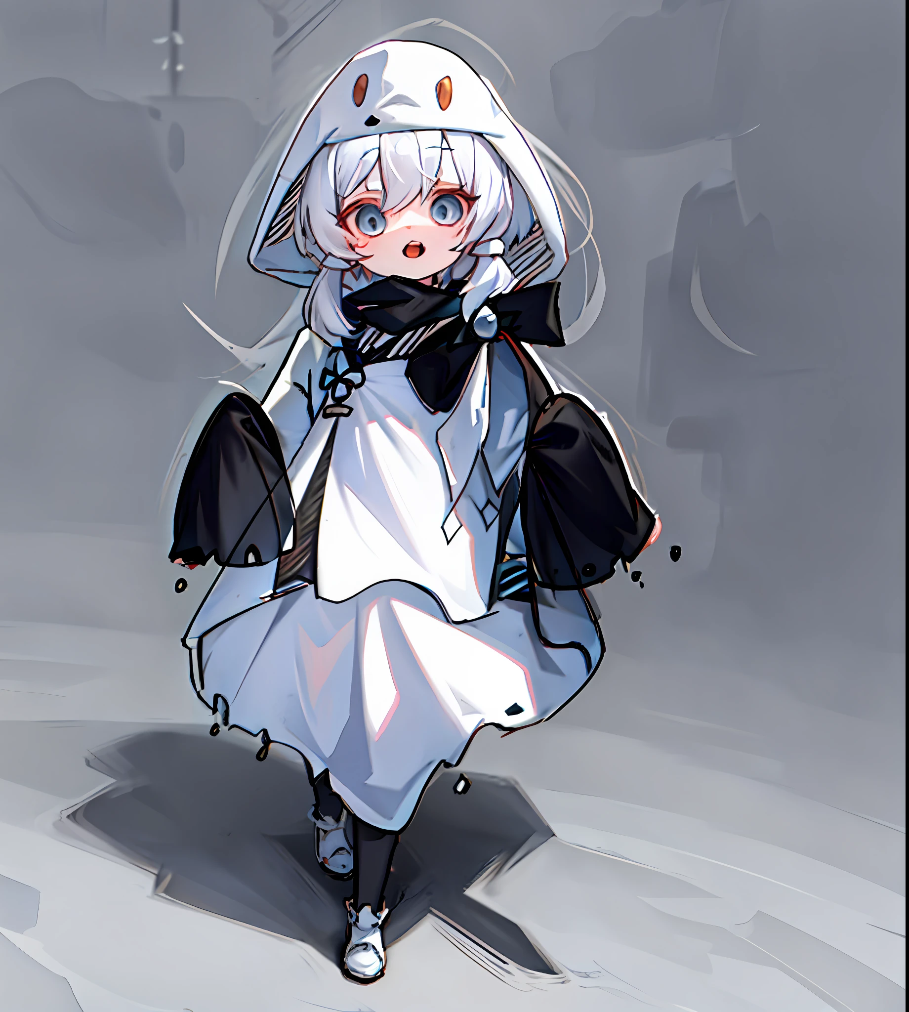 A drawing of cartoon characters with hats and scarves, small curved , clean anime silhouette, from the east, thick line art, thick black line art, simple line art, little lolil, loli in s, clean line art, line art, overlord's tear, pale young ghost girl, oriental character, variable line art, ghost, color scheme cool color system