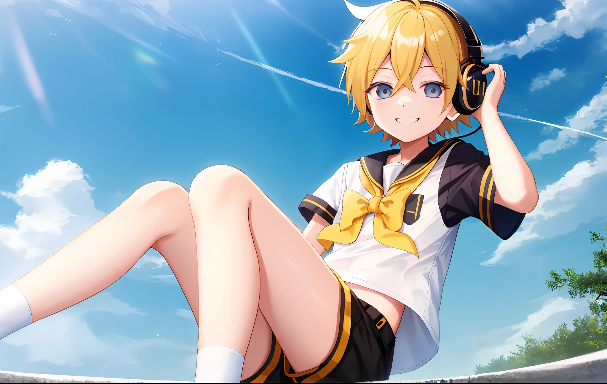 Masterpiece, Top Quality, One Boy, sailor_collar, (Kagamine_Len), Blonde, Smile, Shorts and Sleeves, White Shirt, Splashed Aboge, Black Headphones, Shorts