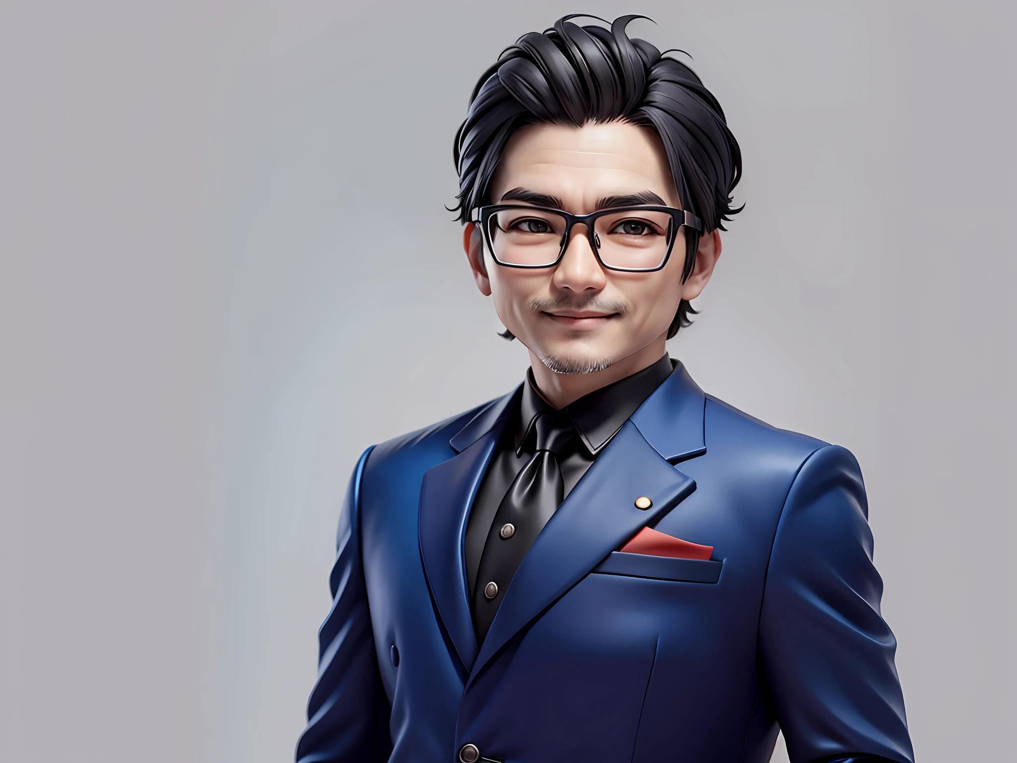 Taiwanese middle-aged uncle male portrait, extremely detailed face, black hair, (super short hair) middle-aged handsome uncle, Taiwanese man, silver glasses, slightly chubby face, very clean face, black super short hair, black eyes, black suit, blue tie, confident smile, digital painting, film, character design of Mark Laedon and Pixar and Hayao Miyazaki, the illustration is a 4K resolution HD illustration with very detailed facial features and cartoon-style visuals.