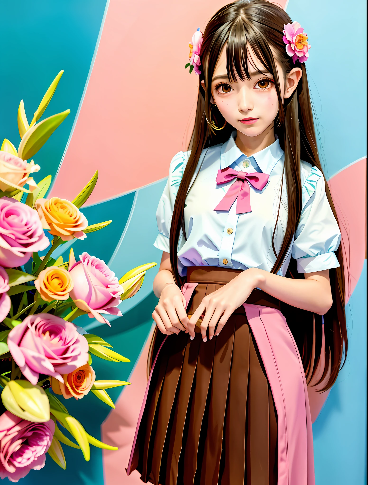 high resolution,best quality, highres,Full Body, 8k character concept,32k,photo real,pixiv, illustration, ultra-detailed, ultra-detailed face,face focus,Line Art,Ink,acrylic painting,pastel painting,mysterious,elaborate,dof,very delicate brushwork,Brown elf　office worker, features: ((Suit and skirt, long hair)), Give a bouquet of flowers,kawaii, thick eyebrows, smile, pastel colors, pop art, anime style,Dense +  dark contours, glossy paint,megapixels