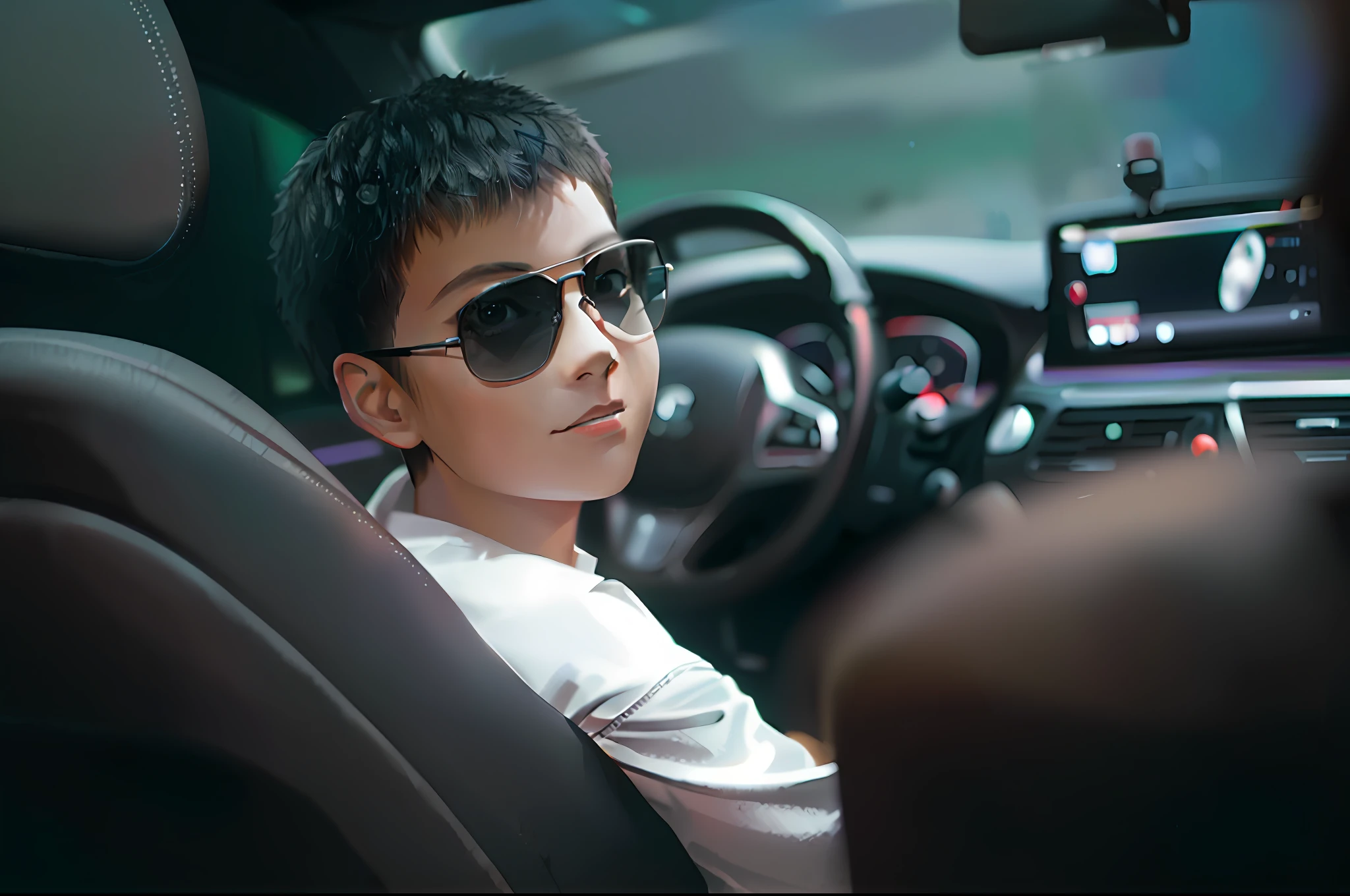 there is a young boy sitting in the driver seat of a car, driving a car, kid, young boy, driving, forward facing, detailed face of a asian boy, inside of a car, boy, boy with neutral face, cars portraits, mid shot portrait, high quality upload, boys, sitting in her car, portrait shot, advanced technology