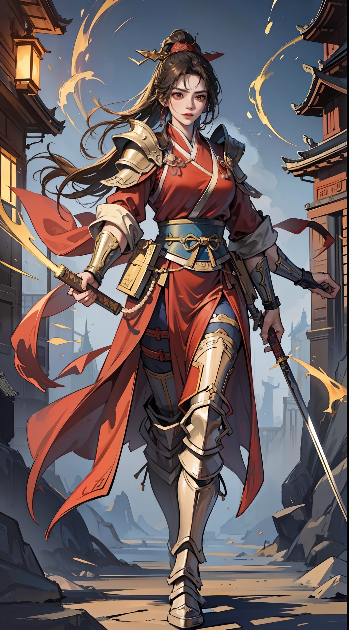 chinoiserie,The background is the ancient Chinese battlefield,An ancient Chinese female general、Holding a matching sword in his hand、Red robes、ARMOUR、A full body,Clear facial features,grim expression,Amazing facial features,Yellow sand is flying in the sky,Fleeing crowds,firelight,Game model,C4D, OCrenderer, edge light,The light is delicate,masterpieces,hyperdetailed,epic composition,Super HD,Quality,Max Quality,32k